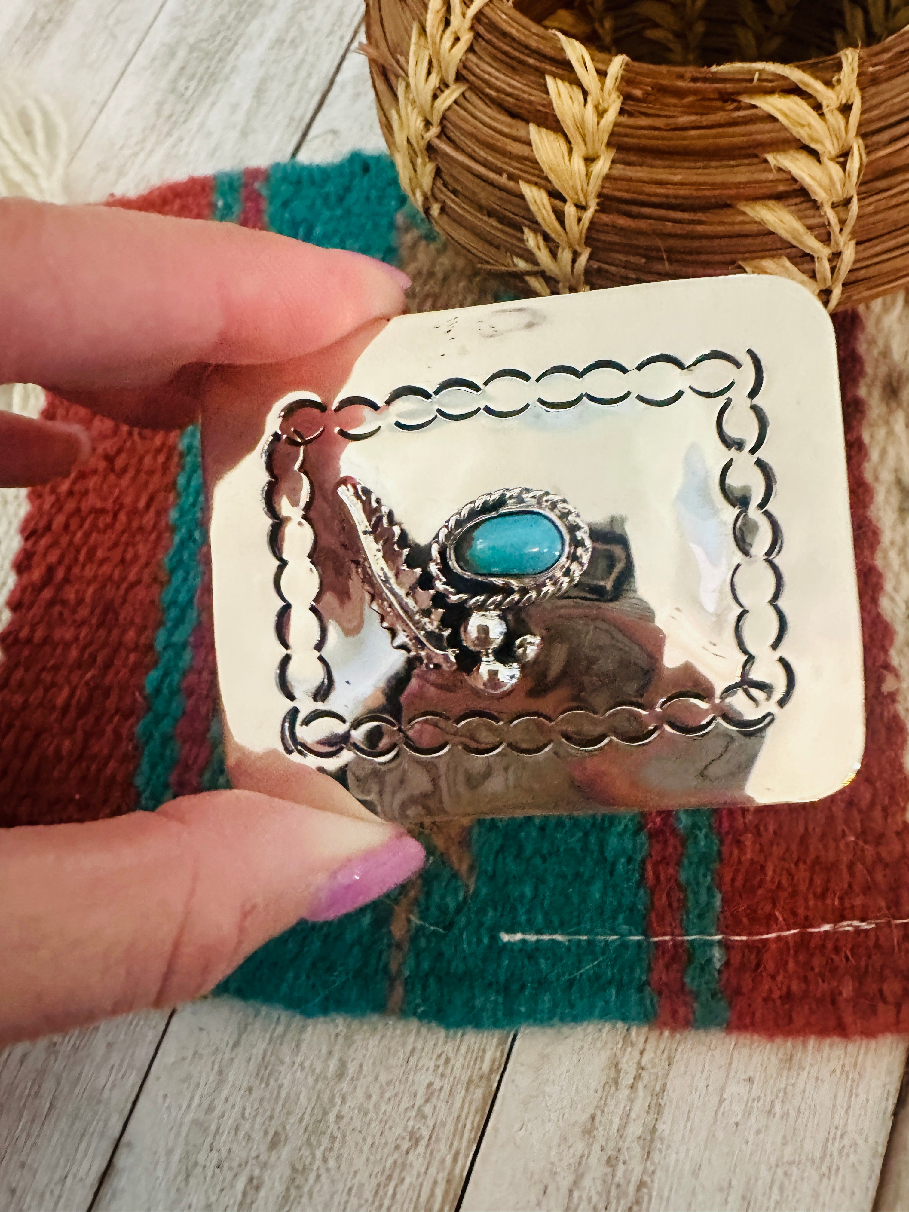 Navajo Turquoise & Hand Stamped Sterling Silver Belt Buckle