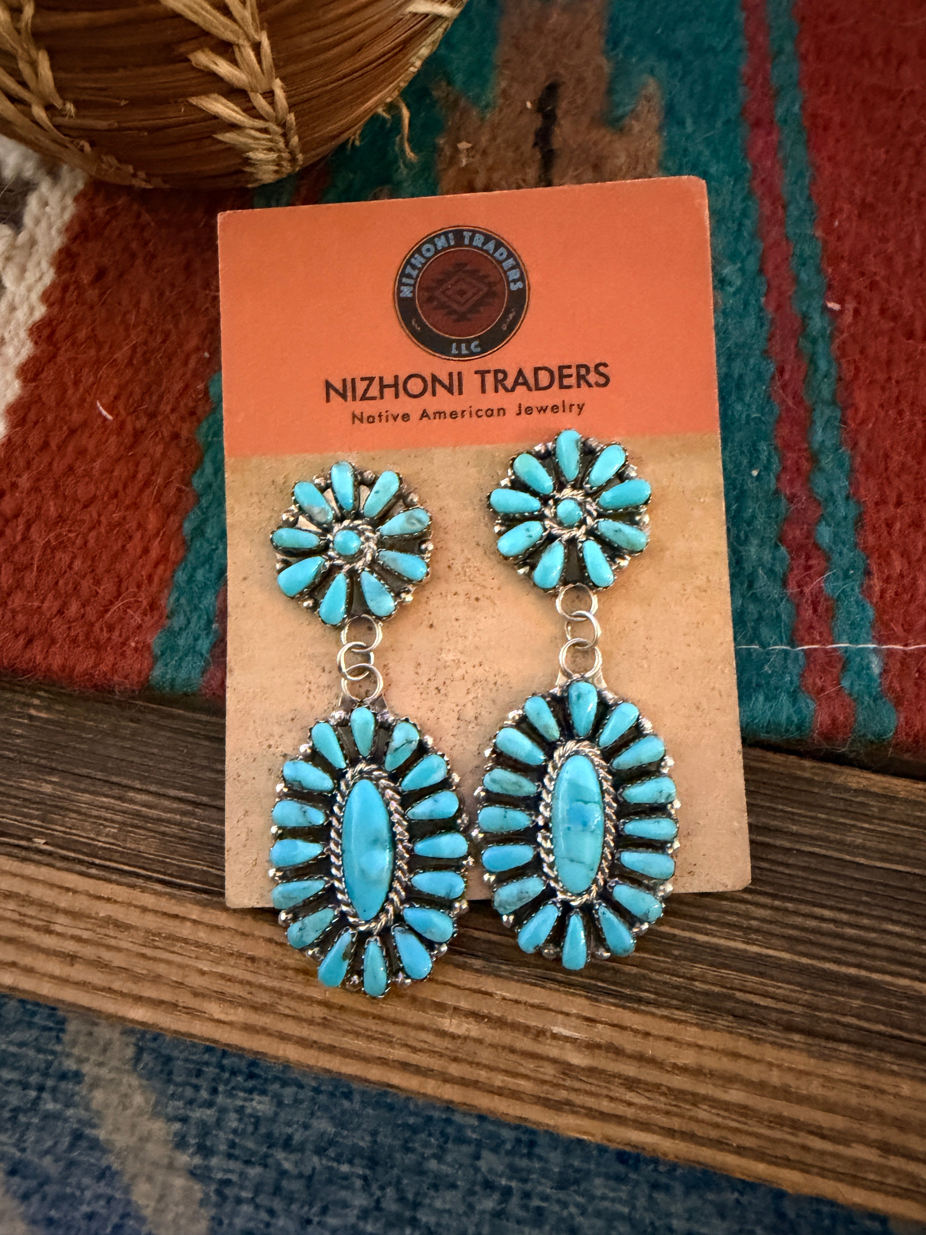 Handcrafted Turquoise & Sterling Silver Cluster Dangle Earrings by Pamela Benally