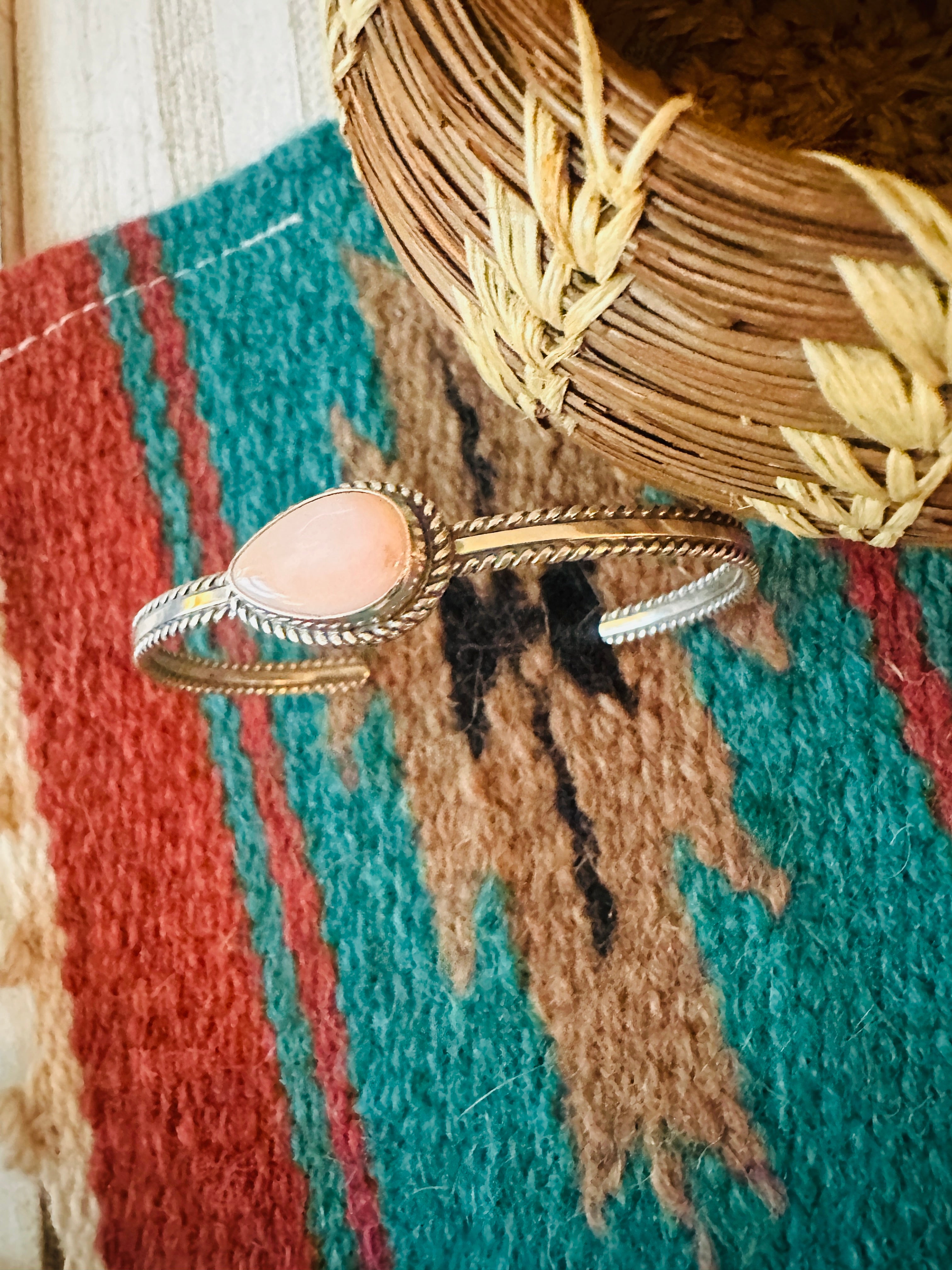 Navajo Queen Pink Conch Shell & Sterling Silver Cuff Bracelet