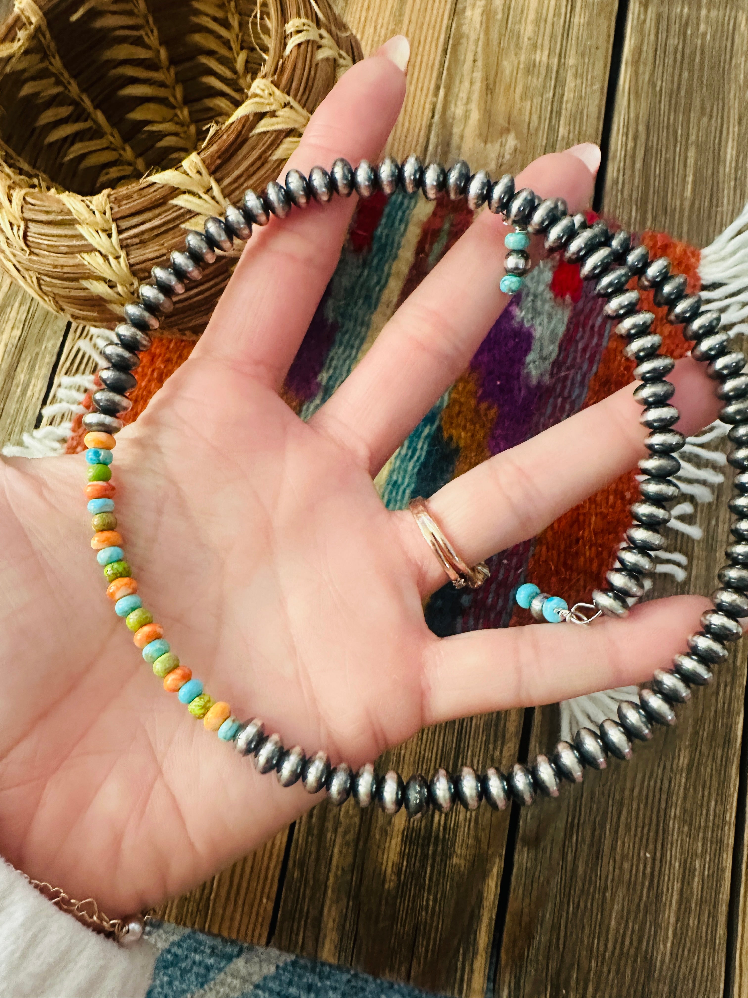 Handcrafted Turquoise, Spiny & Sterling Silver Beaded Wrap Choker Necklace