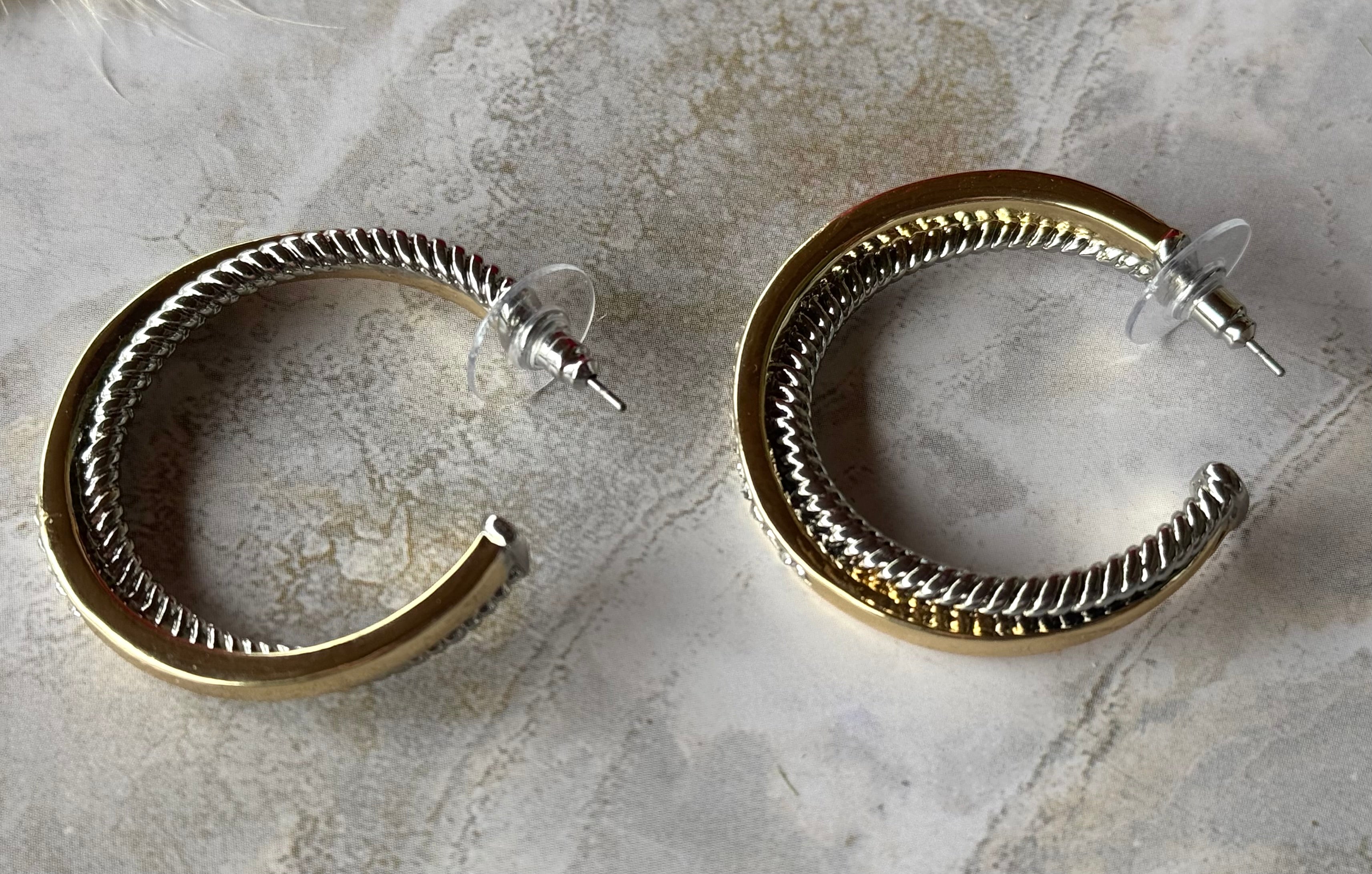 Silver & 14k Gold Plated Two Tone CZ Cable Hoop Earrings