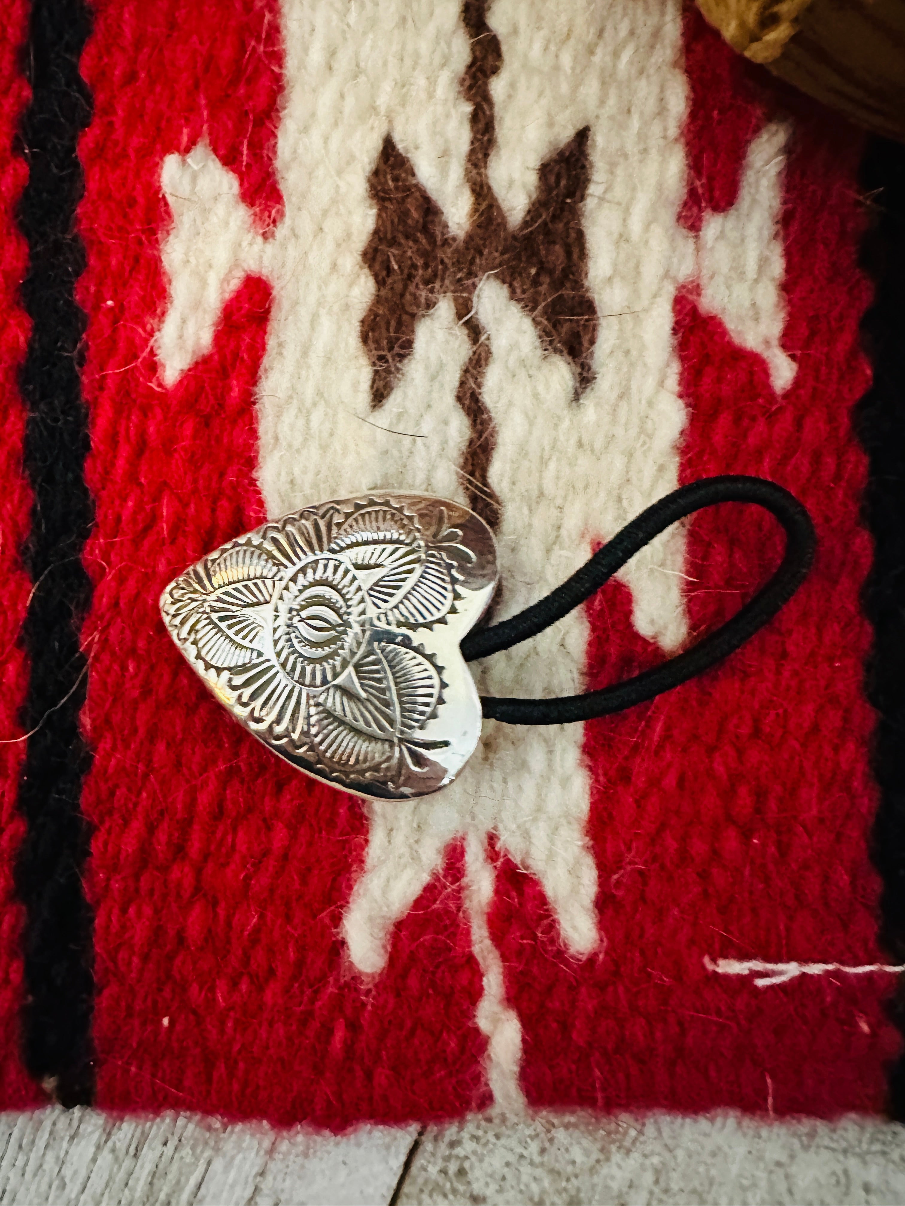 Navajo Hand Stamped Sterling Silver Heart Hair Tie