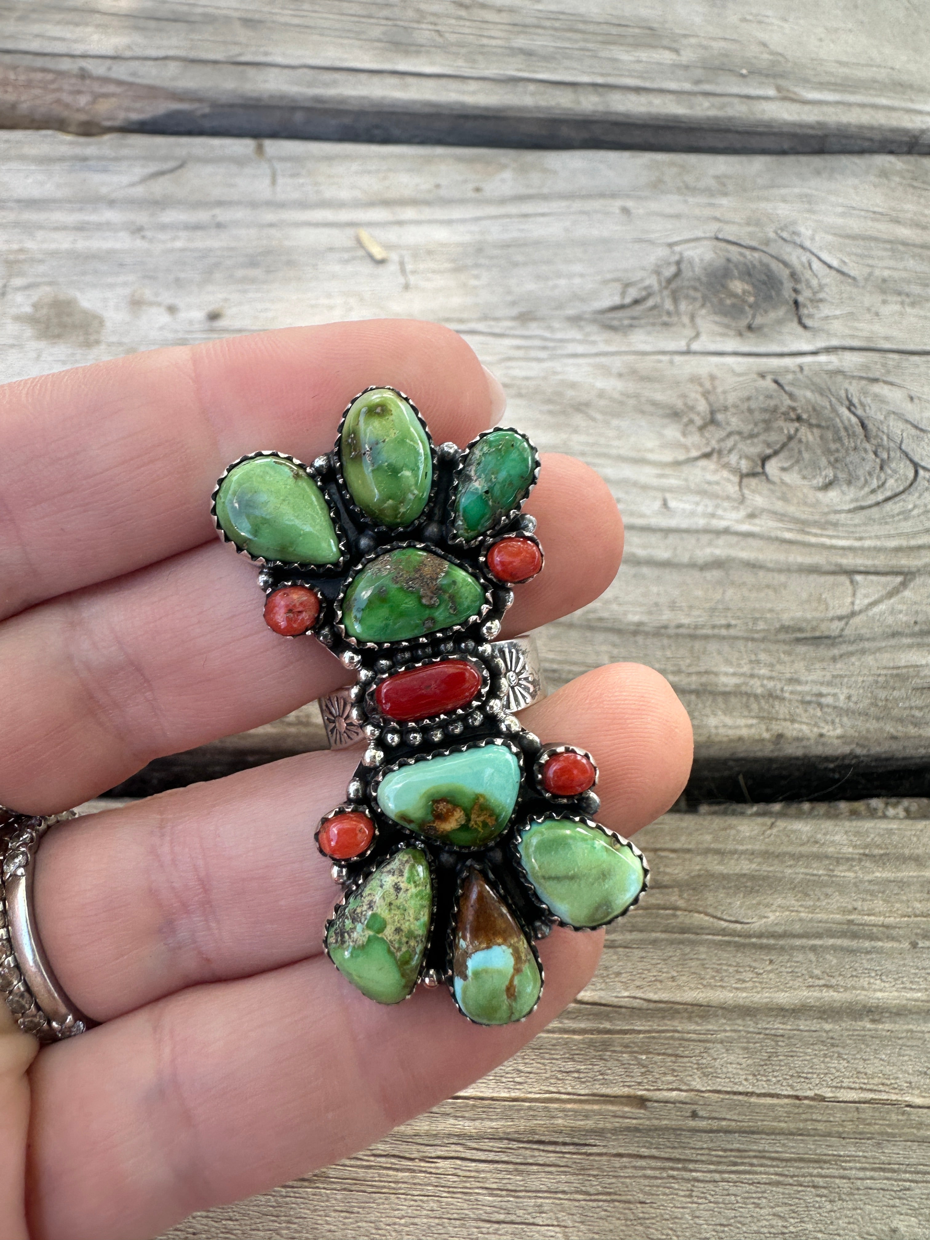 Beautiful Handmade Coral, Sonoran Turquoise And Sterling Silver Adjustable Ring 1