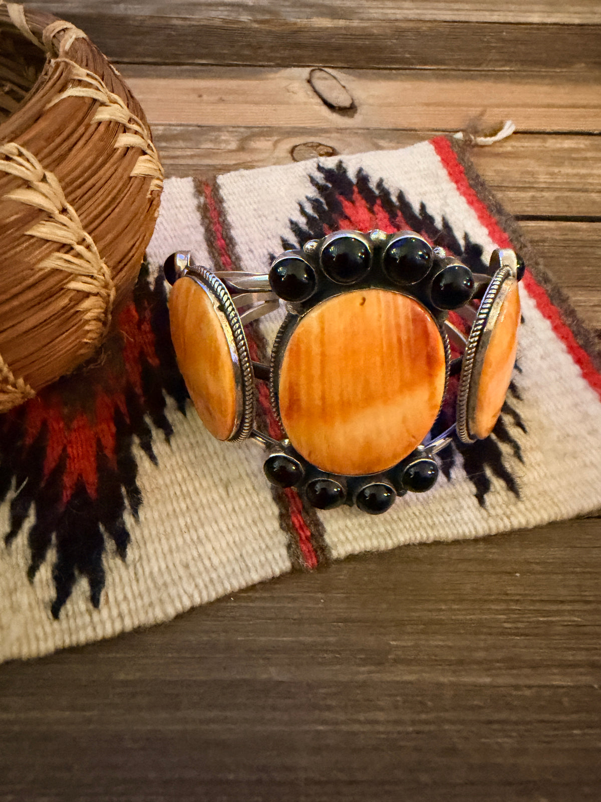 Handcrafted Orange Spiny, Onyx & Sterling Silver Cuff Bracelet by Lorenzo Arviso Jr.