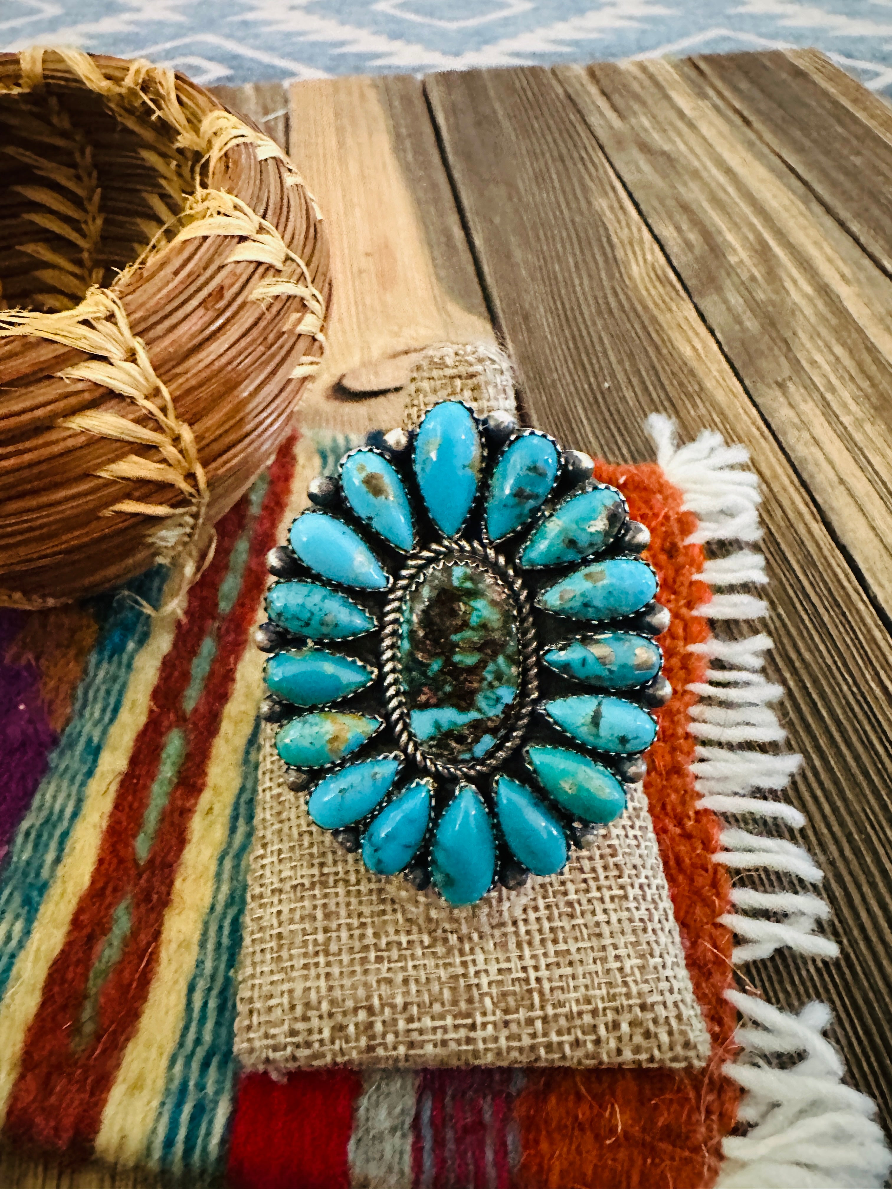 Handcrafted Turquoise & Sterling Silver Adjustable Cluster Ring