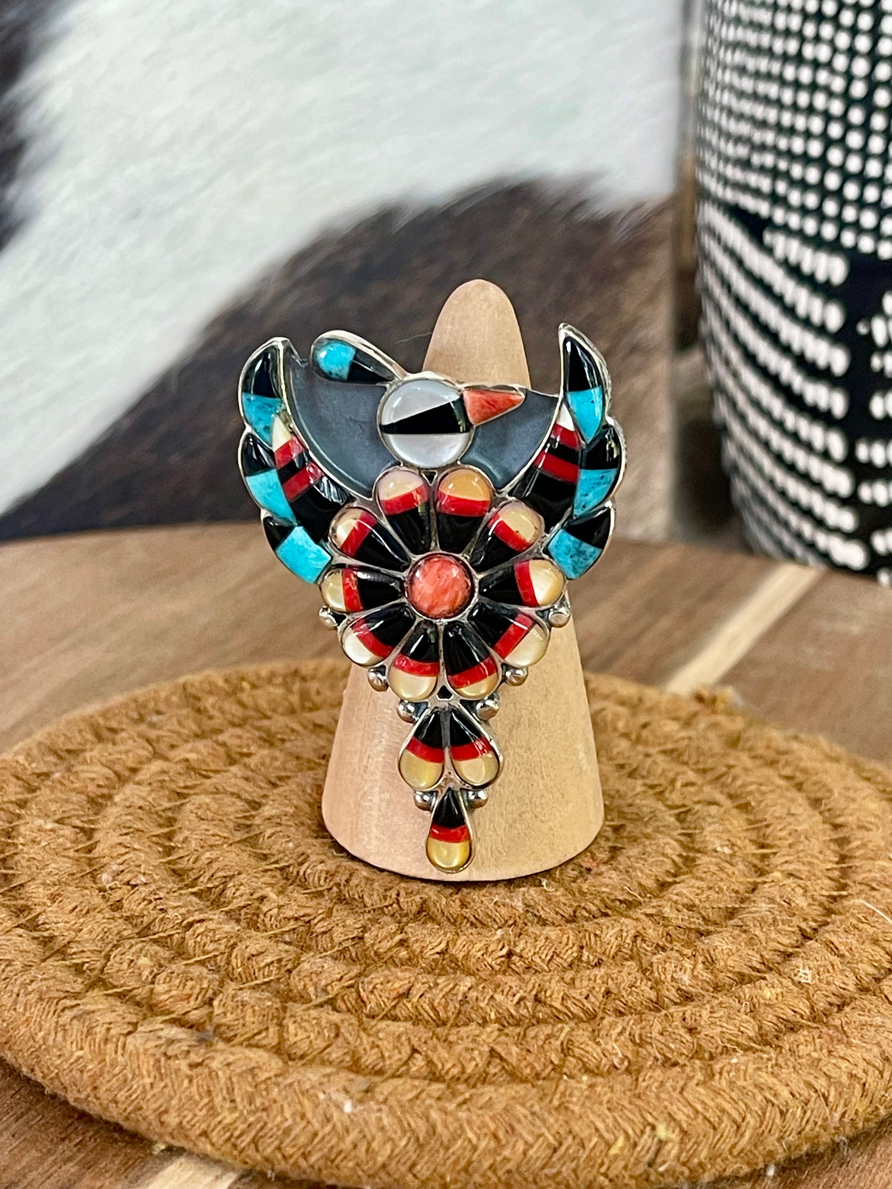 Beautiful Handmade Sterling Silver & Multi Stone Thunderbird Adjustable Ring