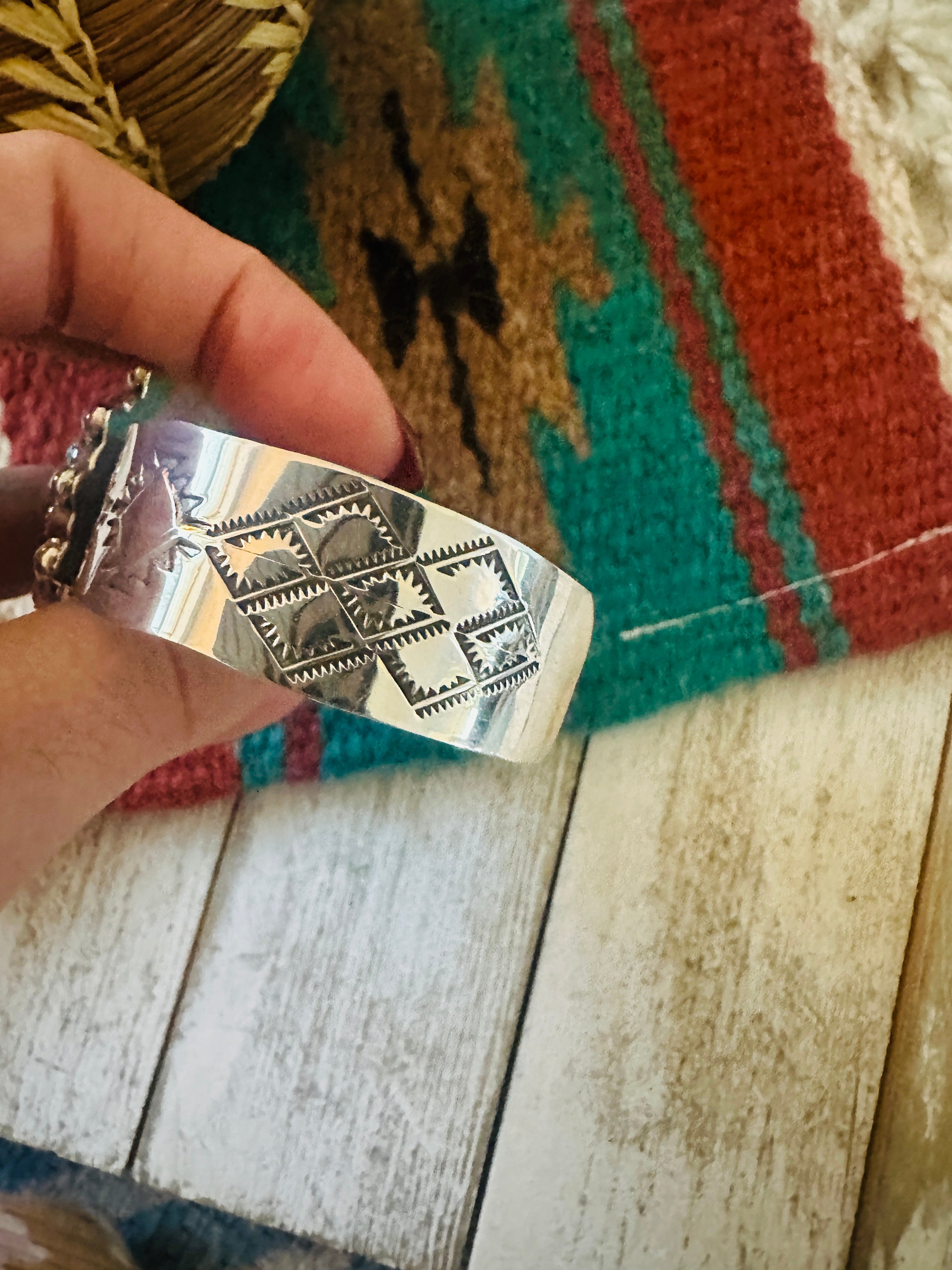 Navajo White Buffalo, Turquoise & Sterling Silver Cluster Cuff Bracelet