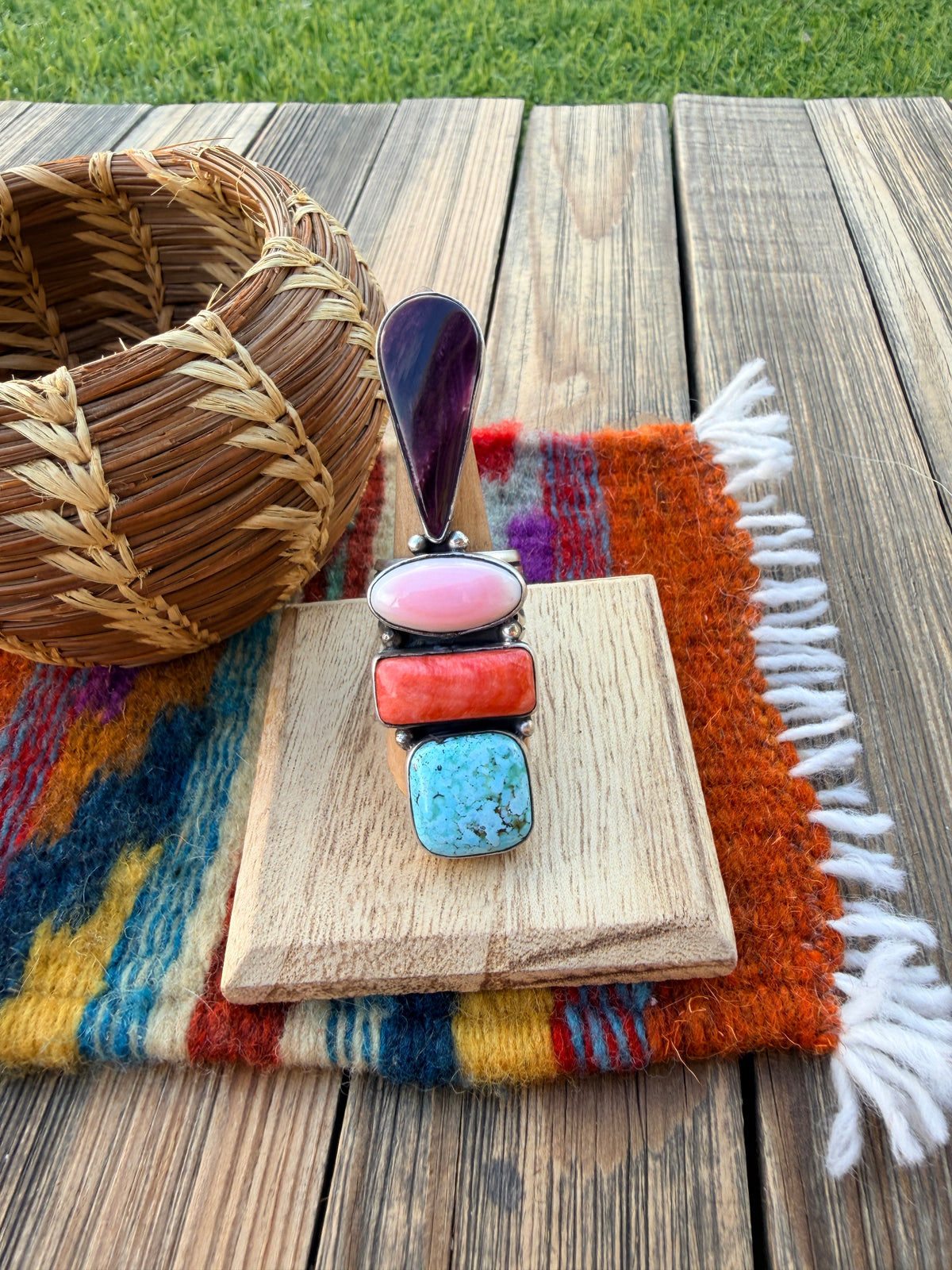 Handcrafted Spiny Oyster, Turquoise, Pink Conch & Sterling Silver Adjustable Ring