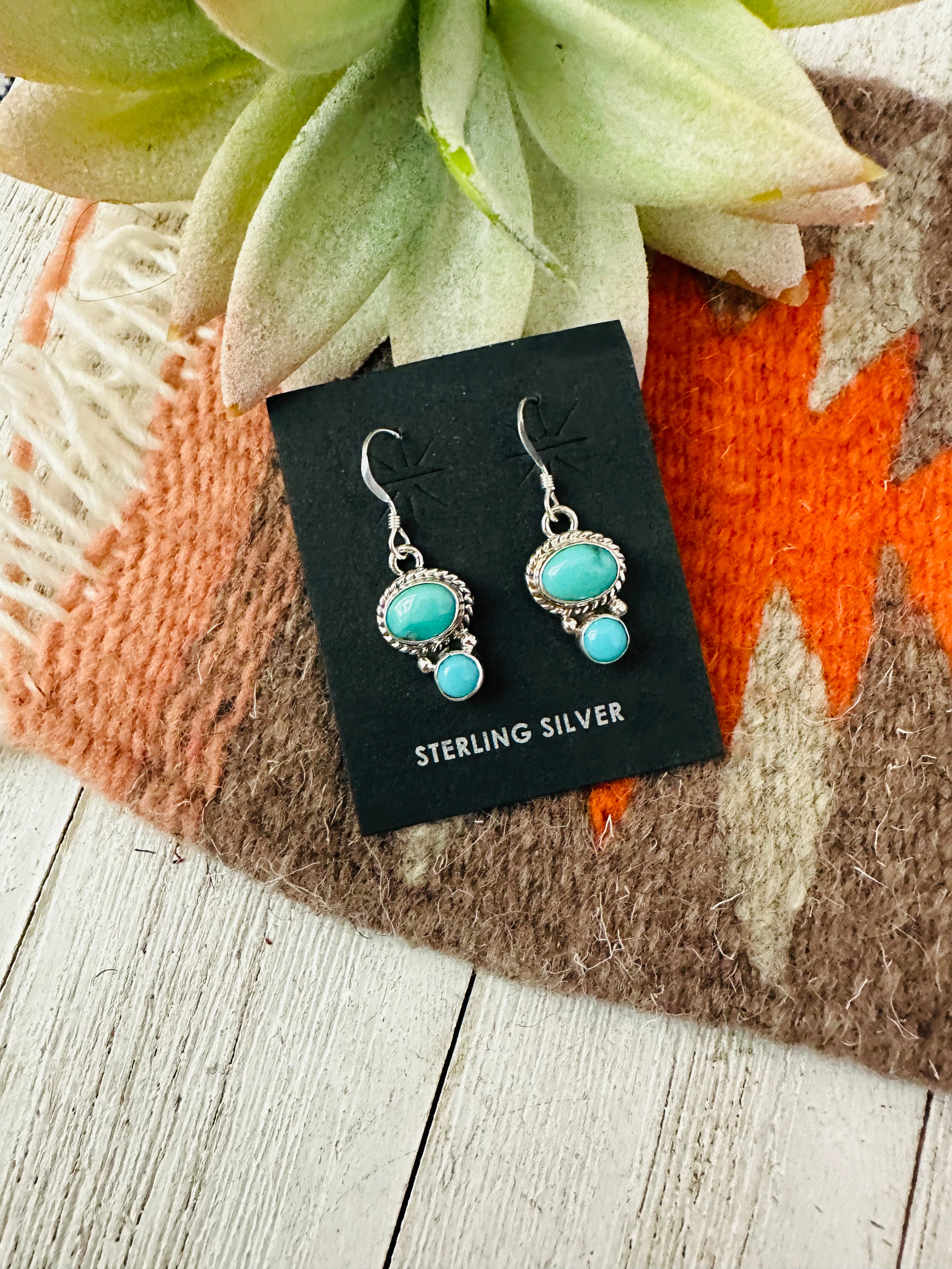 Navajo Turquoise and Sterling Silver Two Stone  Dangle Earrings