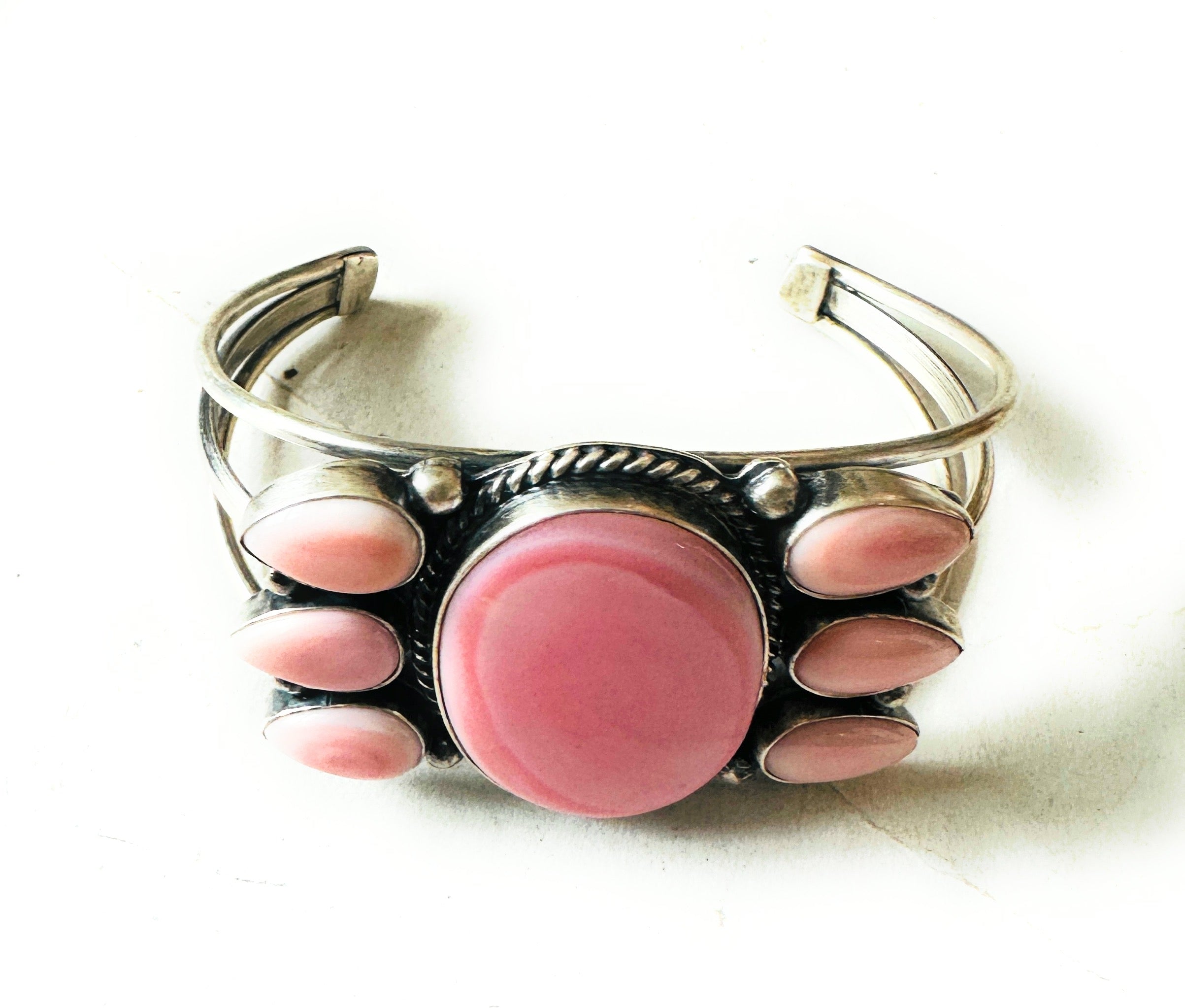 Navajo Queen Pink Conch Shell & Sterling Silver Cluster Cuff Bracelet