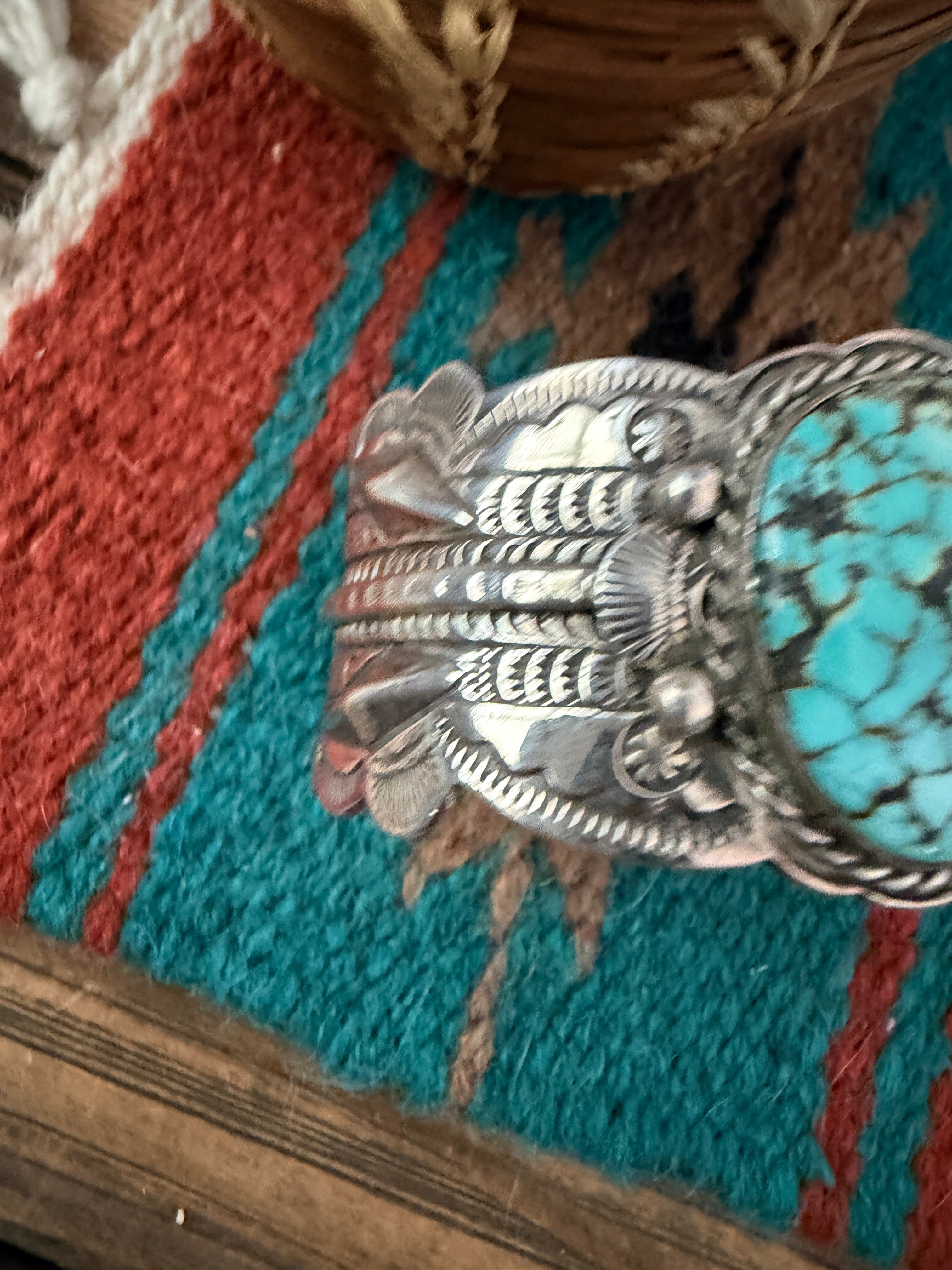 Handcrafted Old Pawn Sterling Silver & Number 8 Turquoise Cuff Bracelet