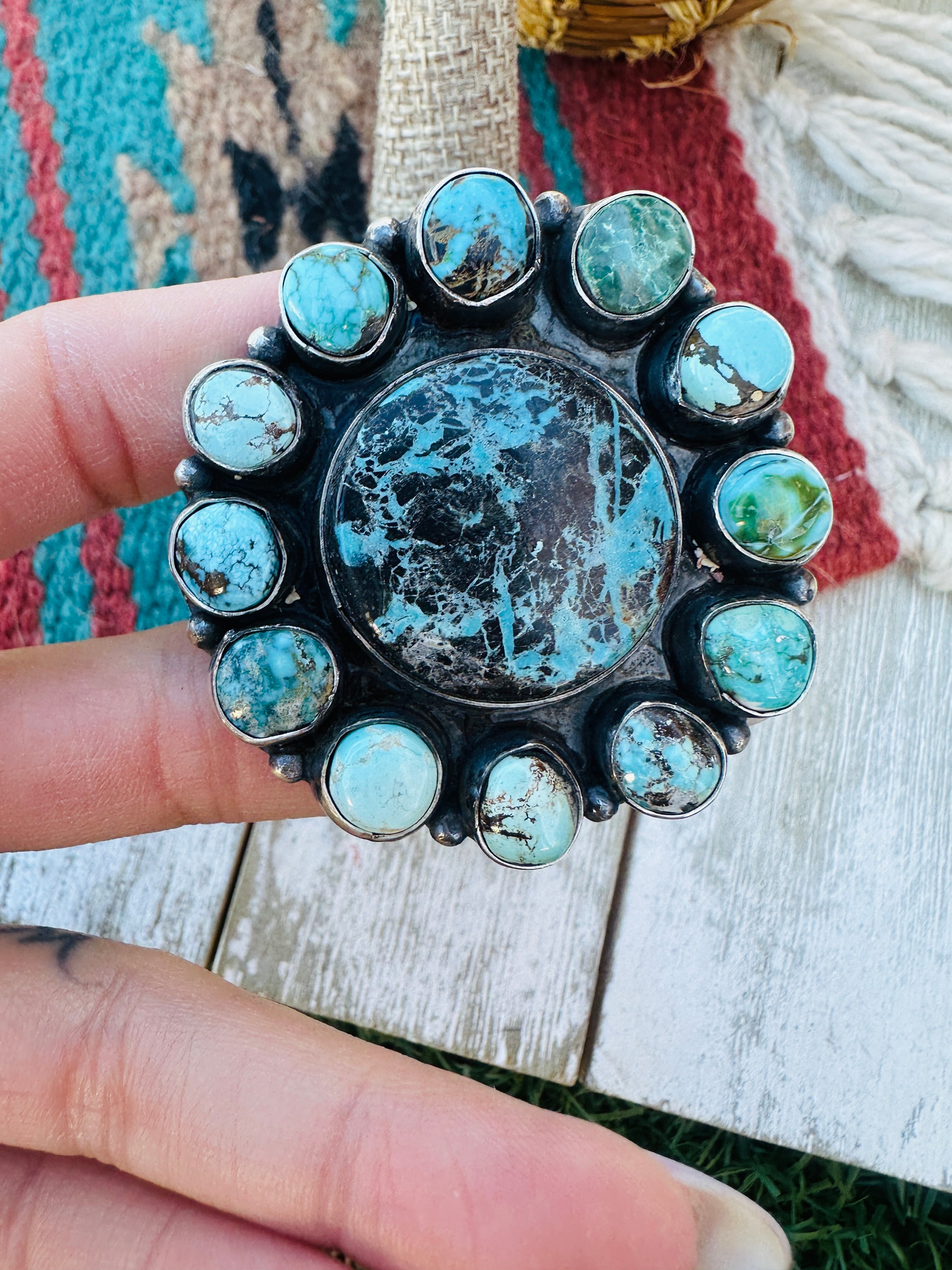 Hand Crafted Multi Turquoise & Sterling Silver Cluster Ring Size 9 by Ella Peter