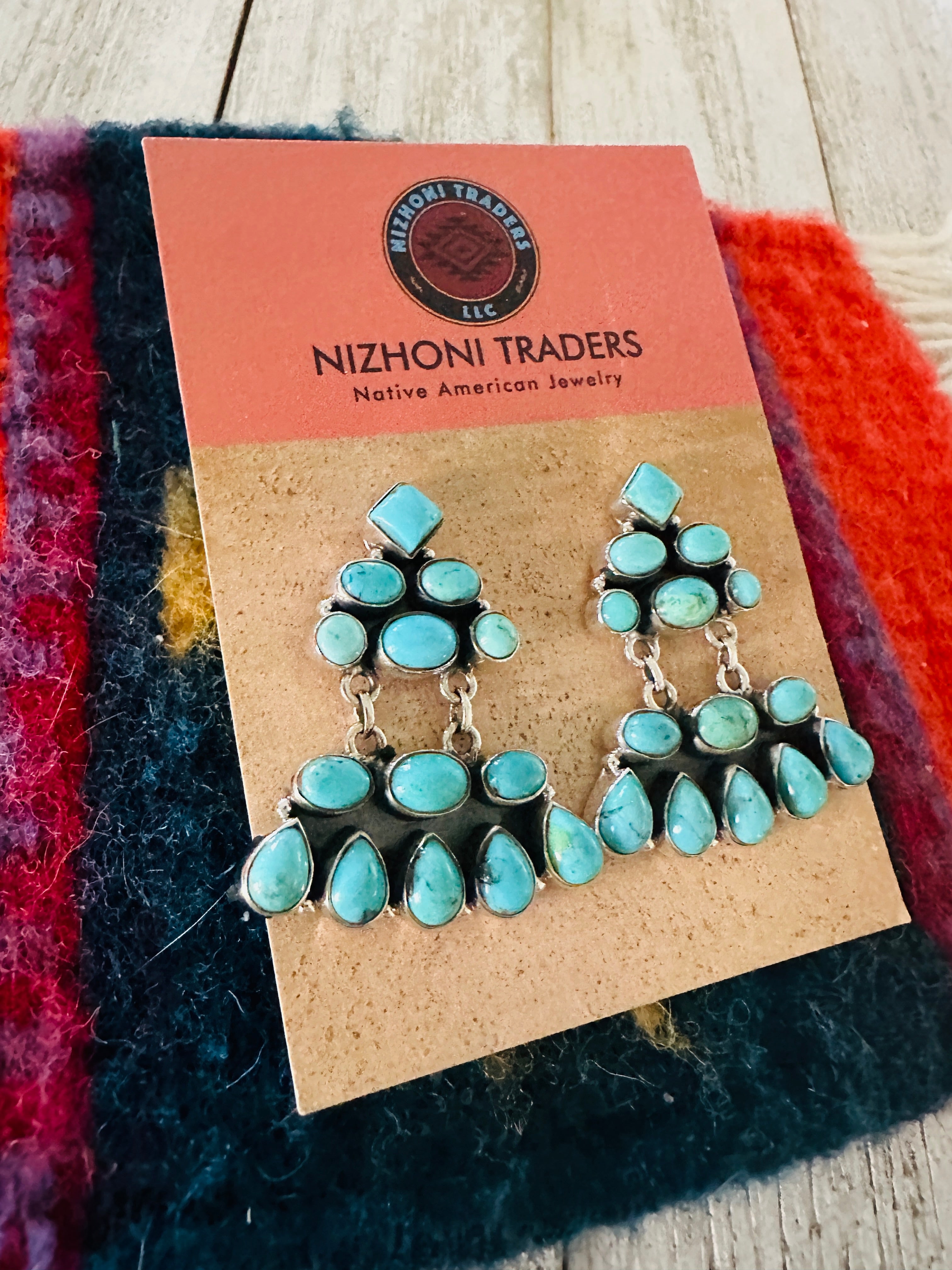 Handmade Turquoise & Sterling Silver Chandelier Dangle Earrings Signed Nizhoni