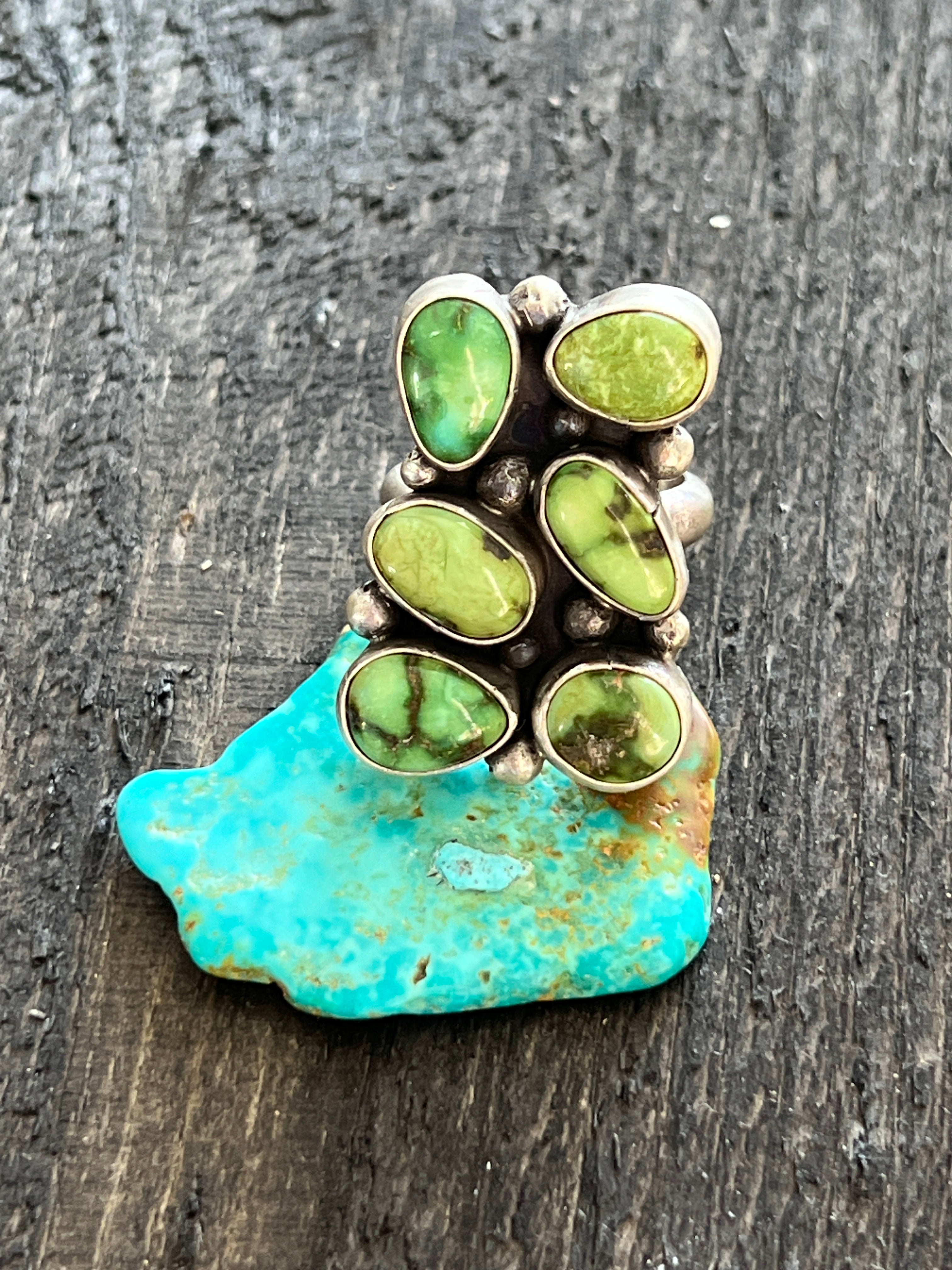 Handcrafted Sterling Silver and Sonoran Gold Turquoise Cluster Rings by Travis Jim, Size 8