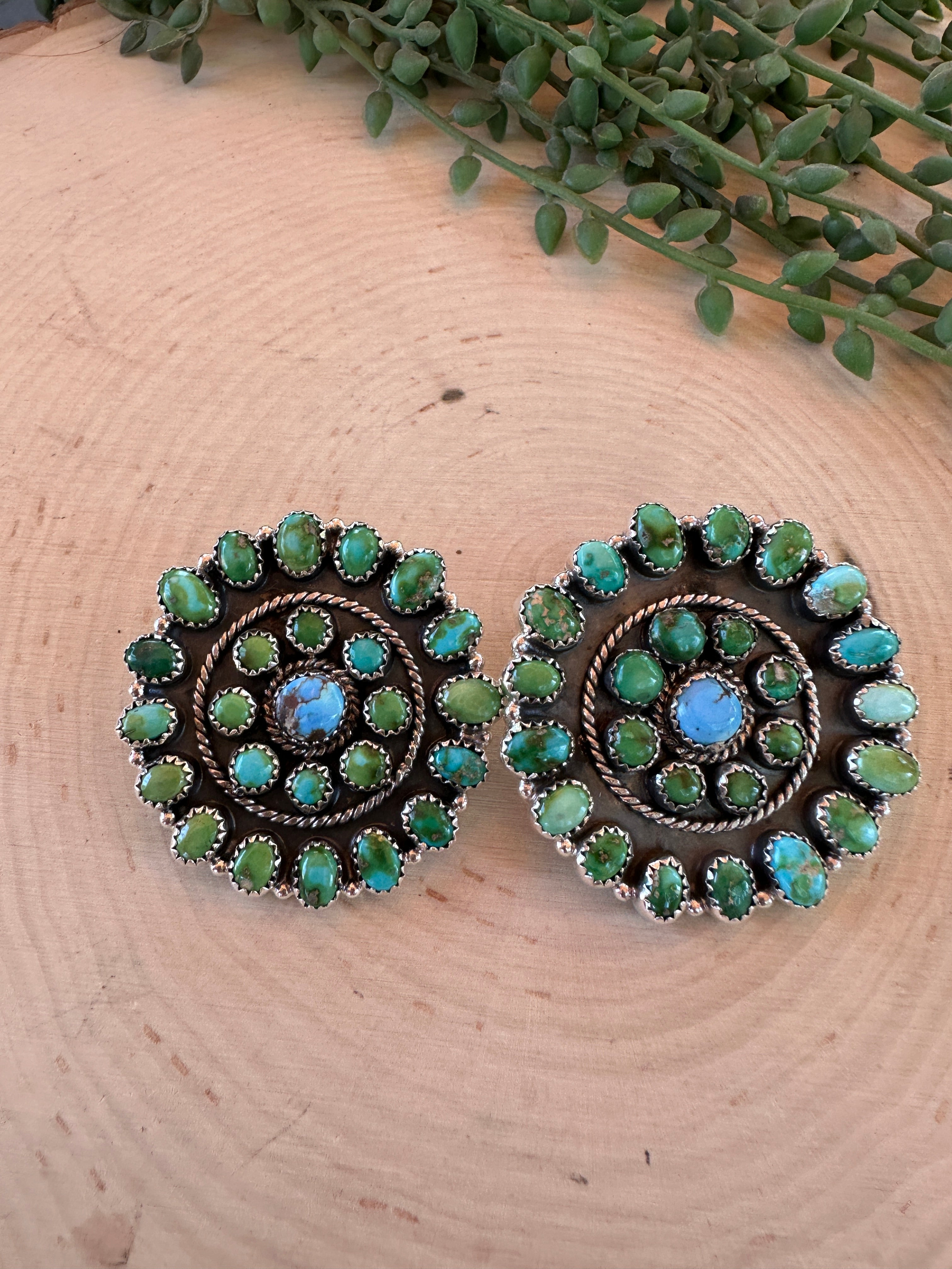Handmade Golden Hills Turquoise, Sonoran Mountain Turquoise & Sterling Silver Cluster Post Earrings