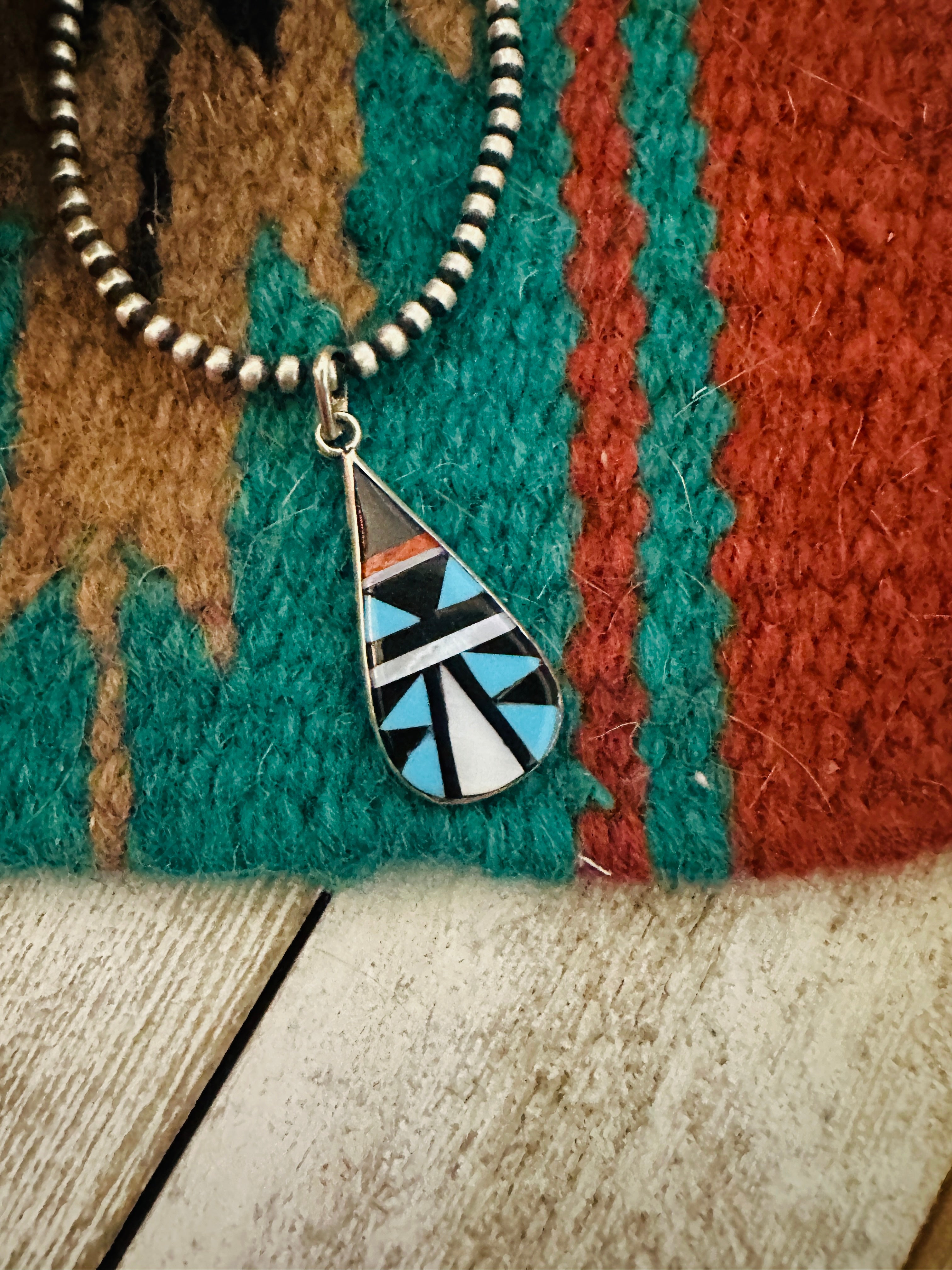 Zuni Multi Stone & Sterling Silver Inlay Teardrop Pendant