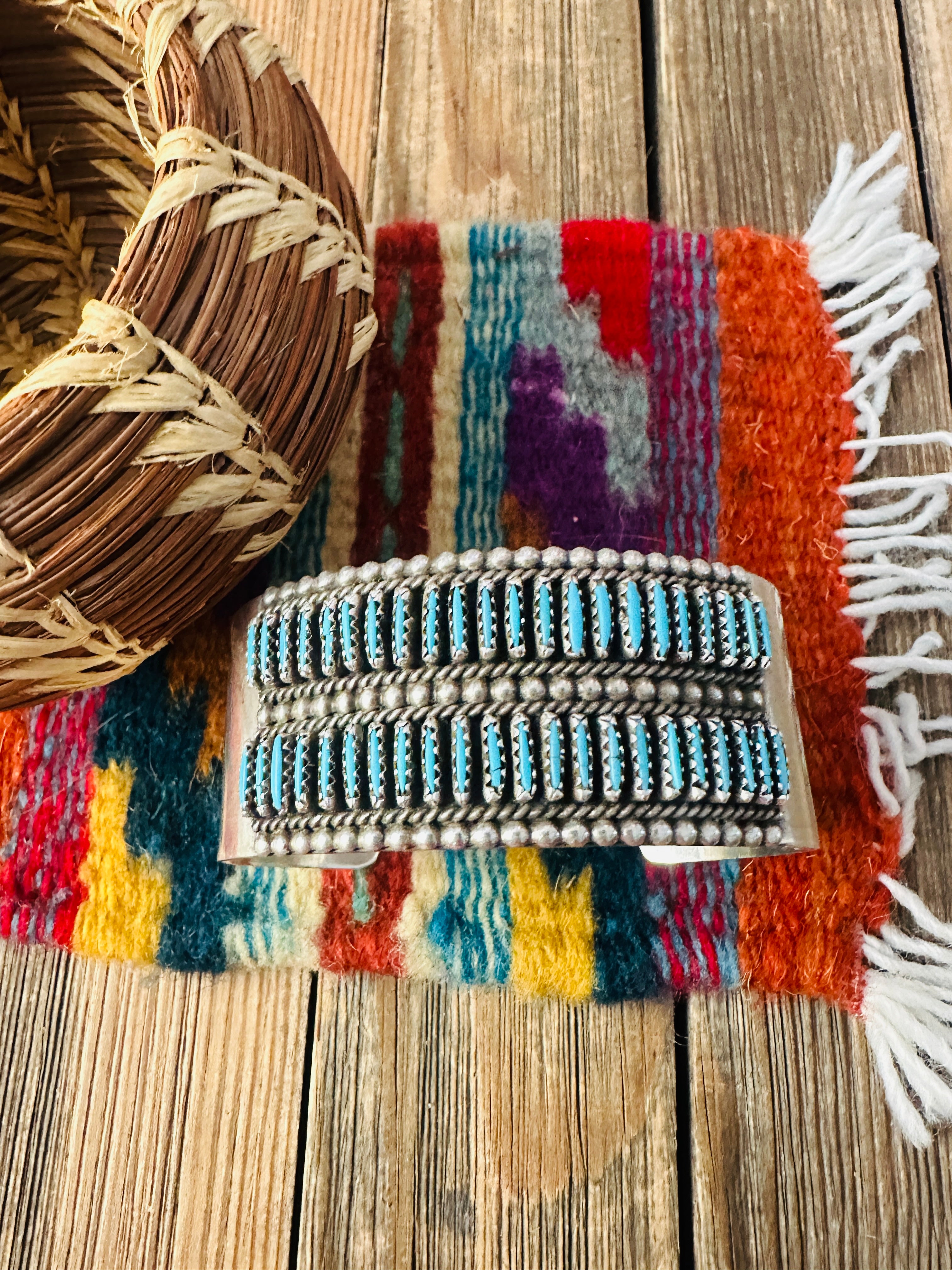 Handcrafted Old Pawn Sterling Silver & Turquoise Needlepoint Cuff Bracelet