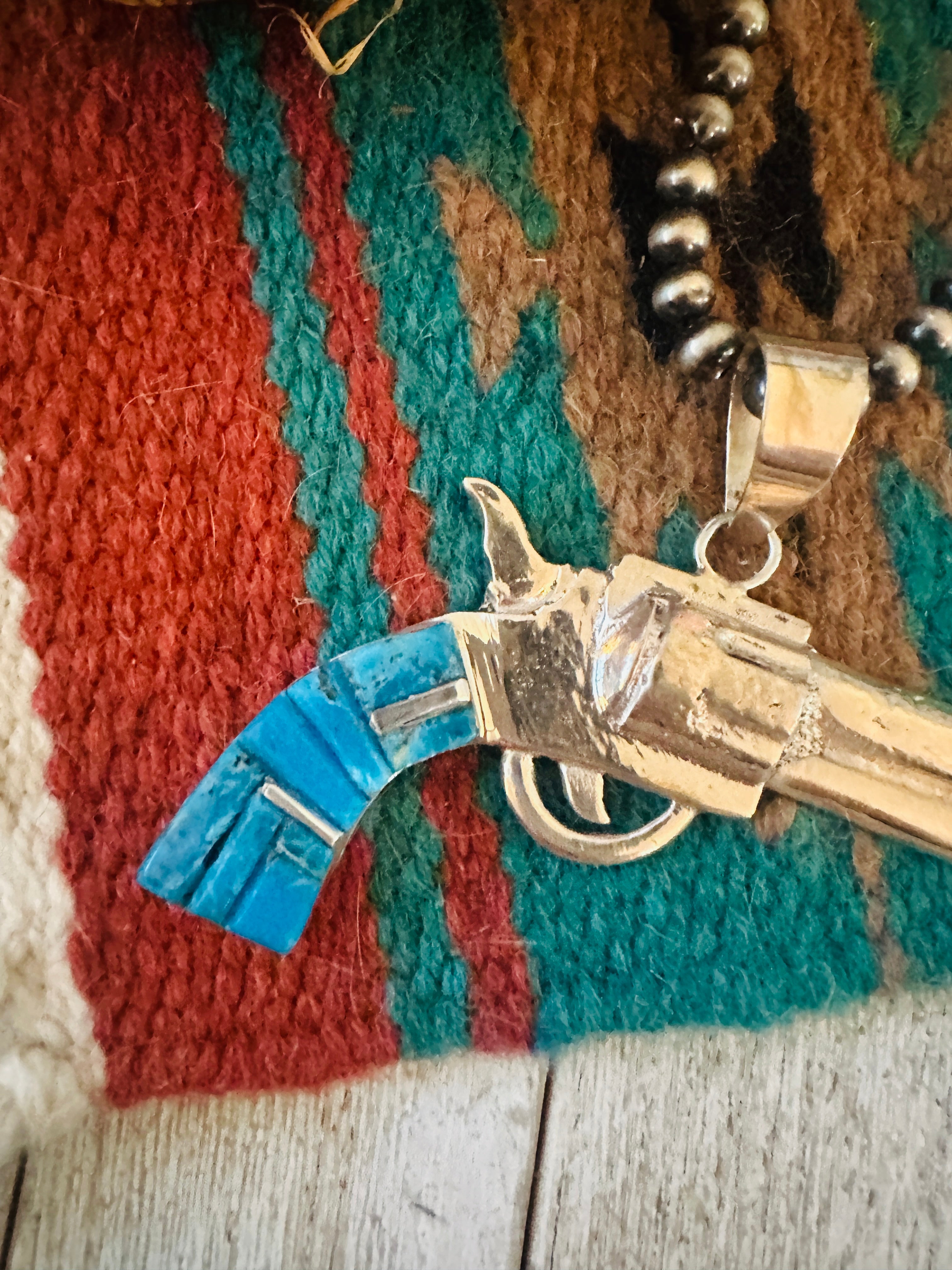 Handcrafted Sterling Silver & Turquoise Inlay Pistol Pendant