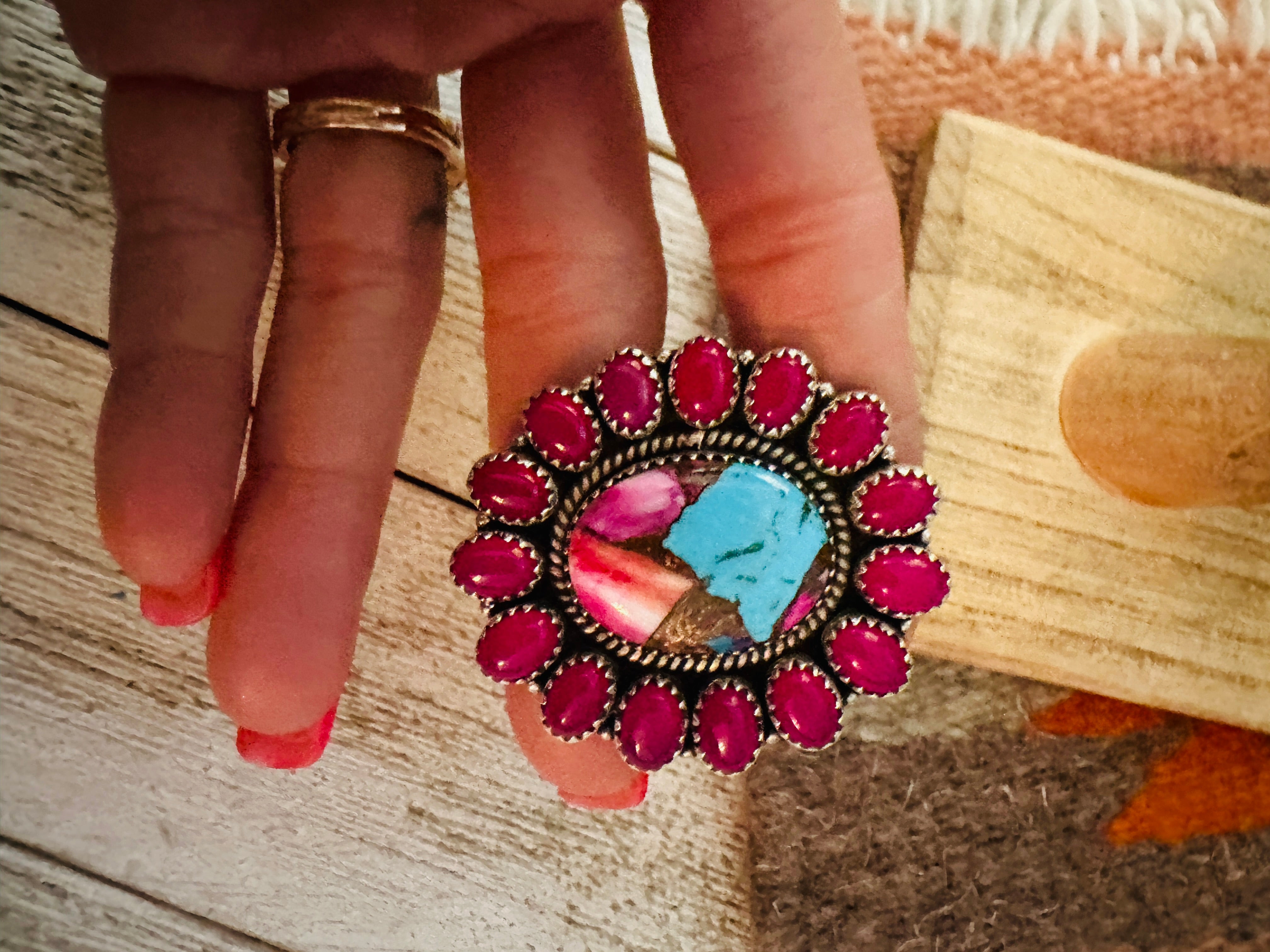 Handmade Sterling Silver, Pink Onyx & Pink Dream Cluster Adjustable Ring by Nizhoni