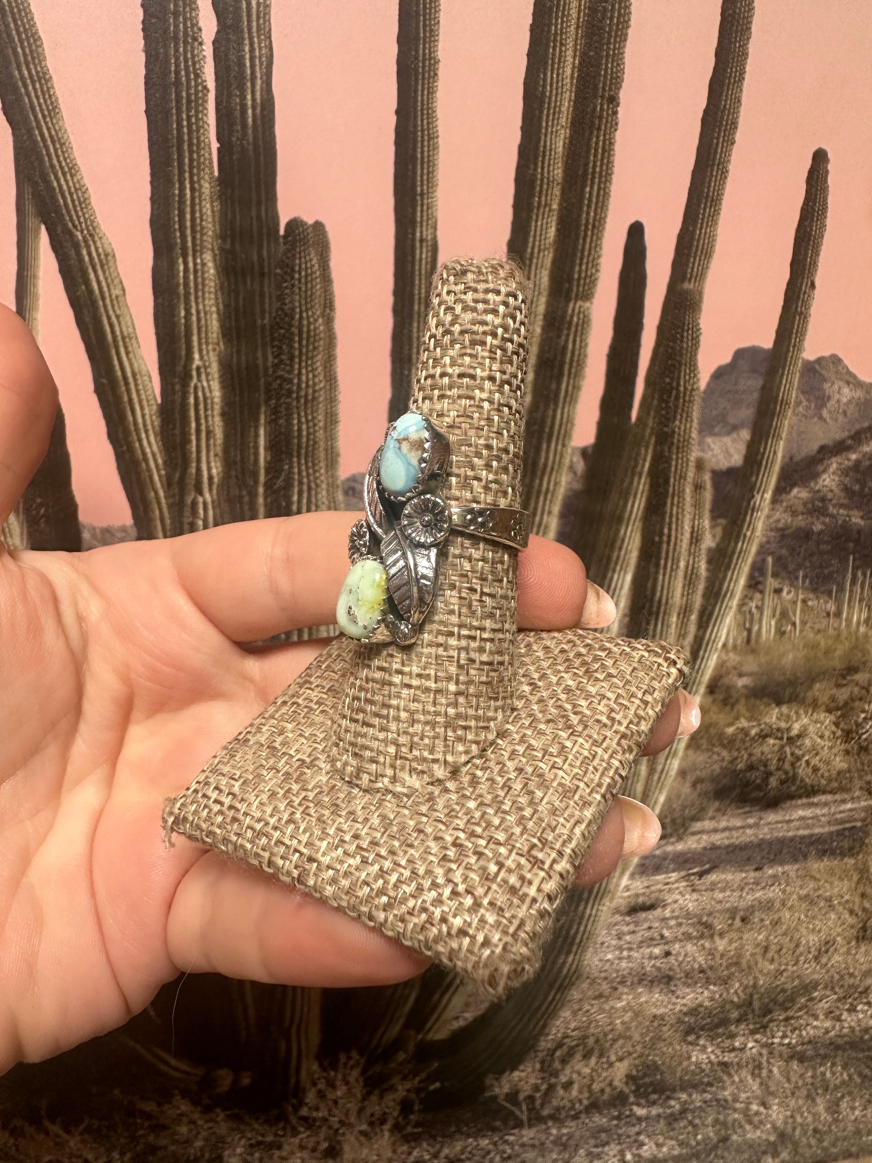 Beautiful Handmade Palomino Turquoise And Sterling Silver Adjustable 2 Stone Flower Leaf Ring