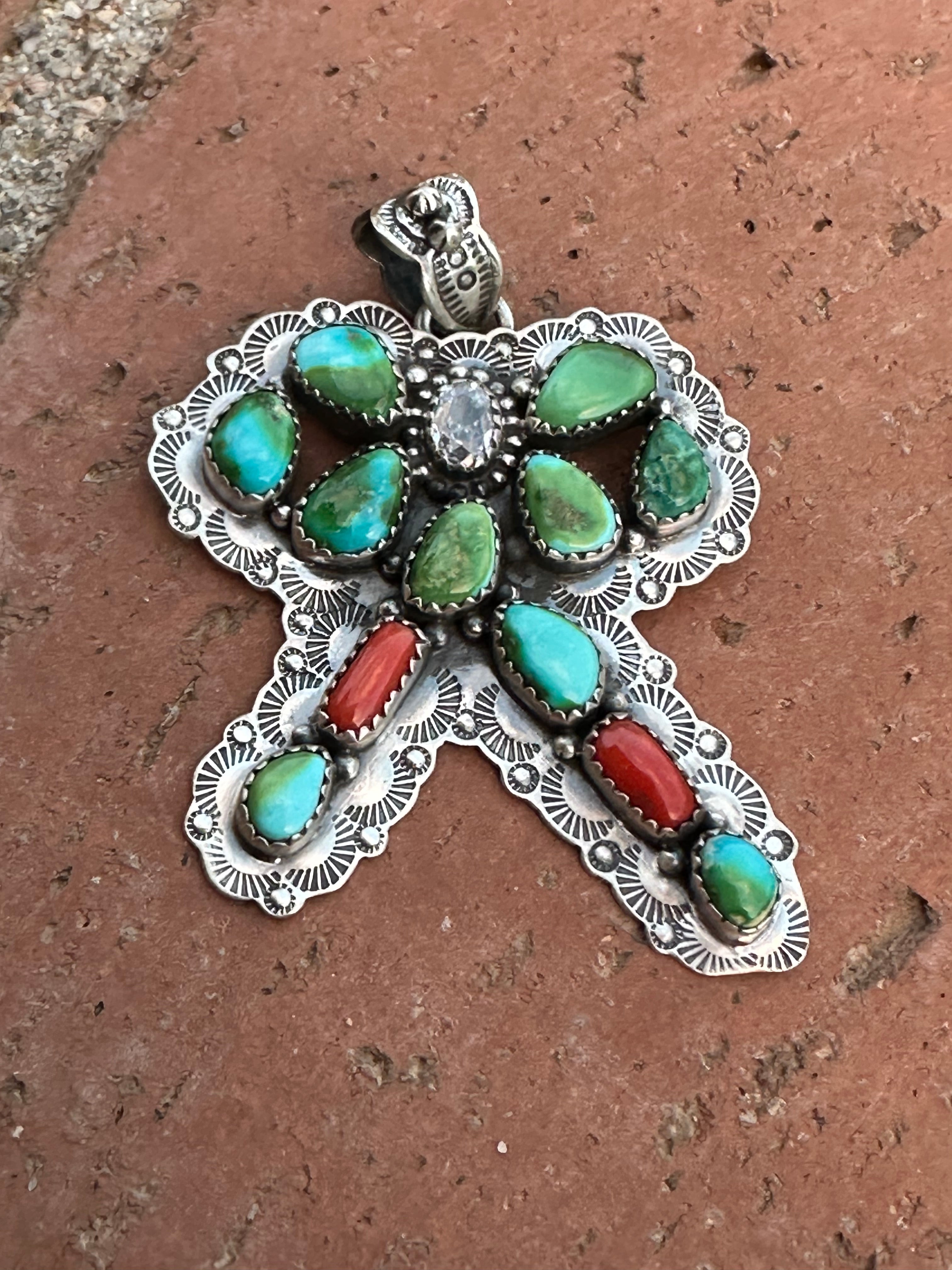 Handmade Sterling Silver, Coral & Sonoran Turquoise Christmas Bow Pendant