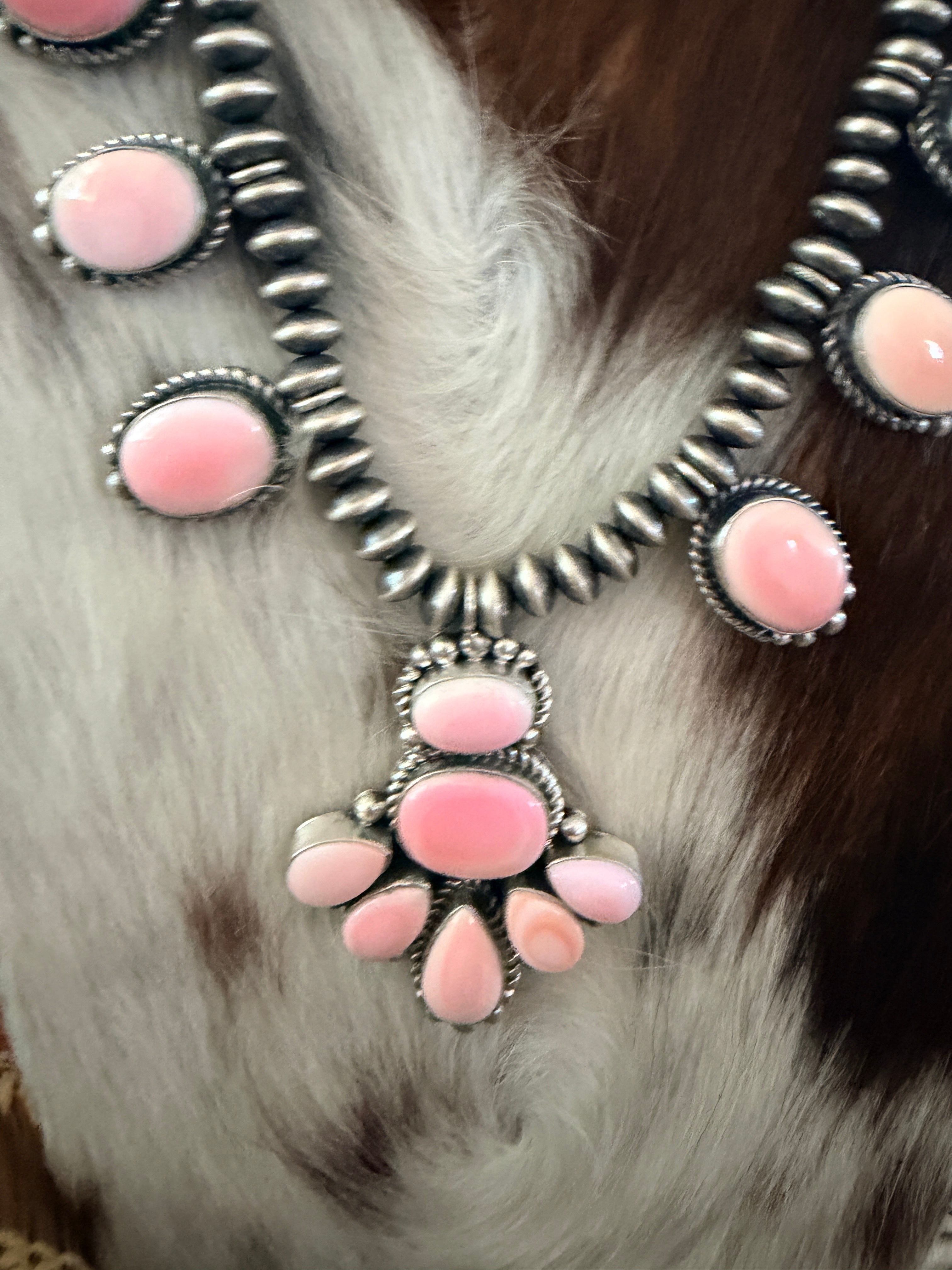 Handcrafted Queen Pink Conch & Sterling Silver Cluster Necklace and Earring Set