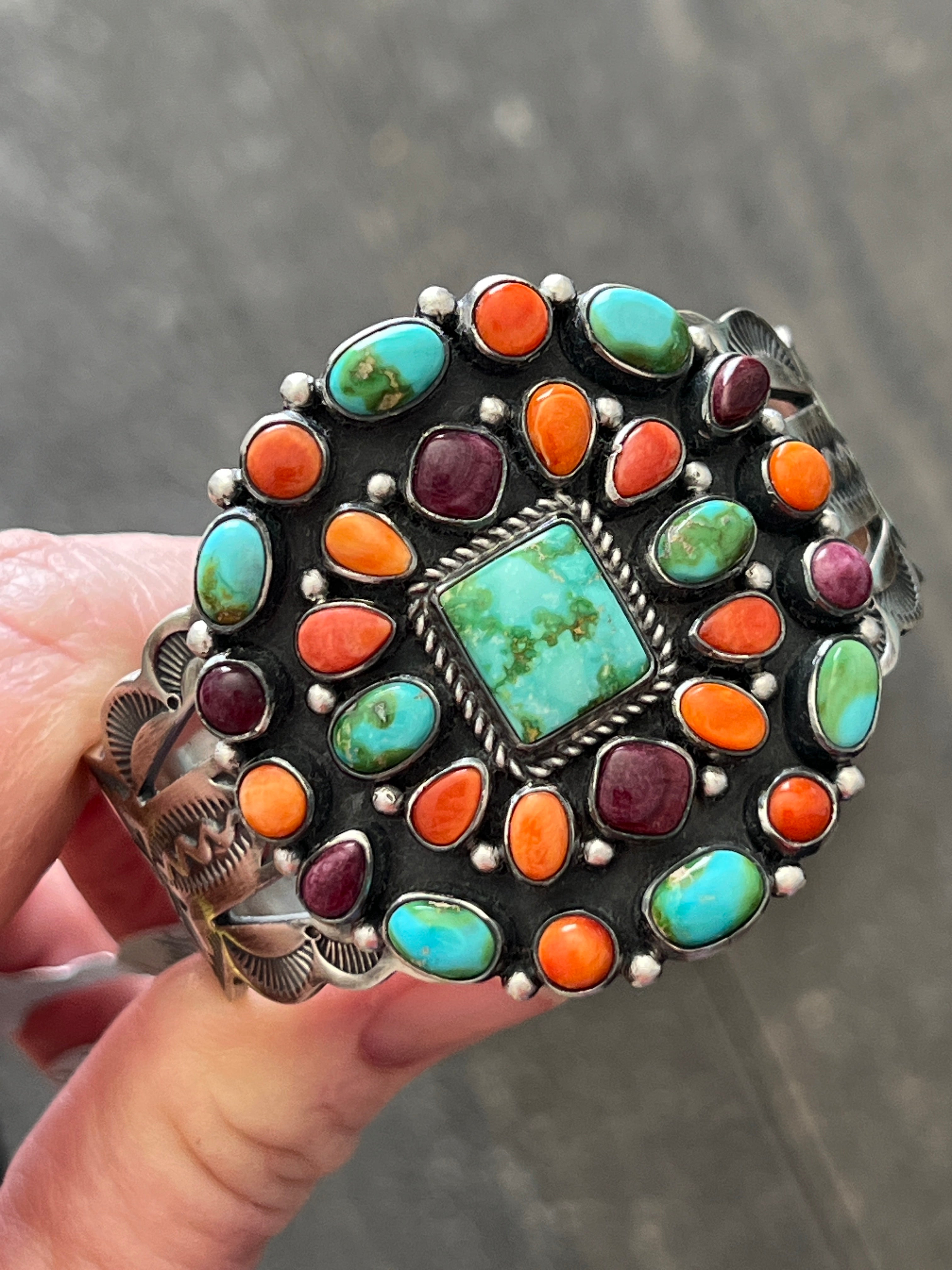 Handcrafted Sterling Silver Electric Rainbow Sonoran Turquoise and Spiny Oyster Cluster Cuff Bracelet by Murphy Platero
