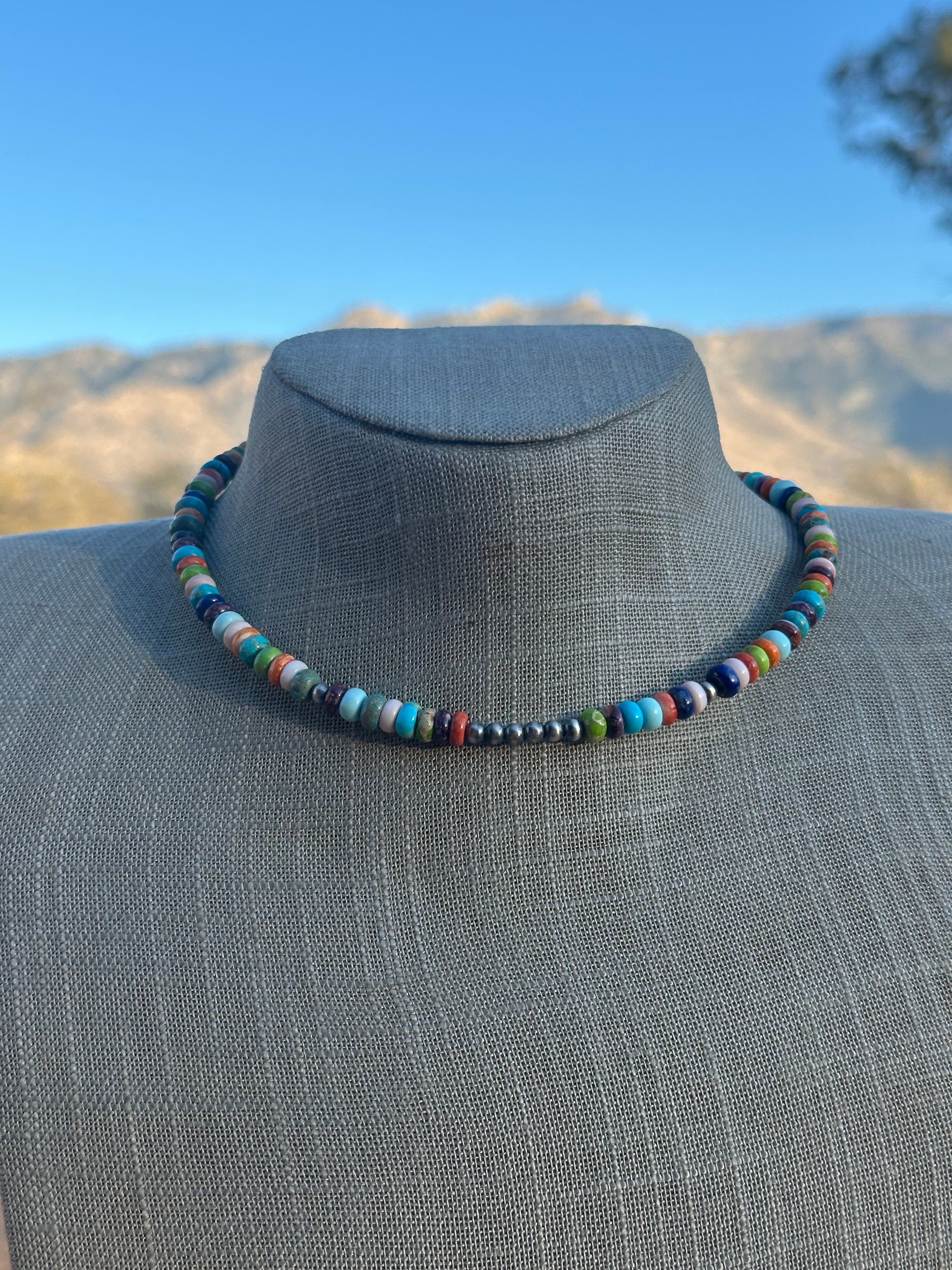 Navajo Handmade Multi Stone & Sterling Silver Beaded Wrap Choker Necklace