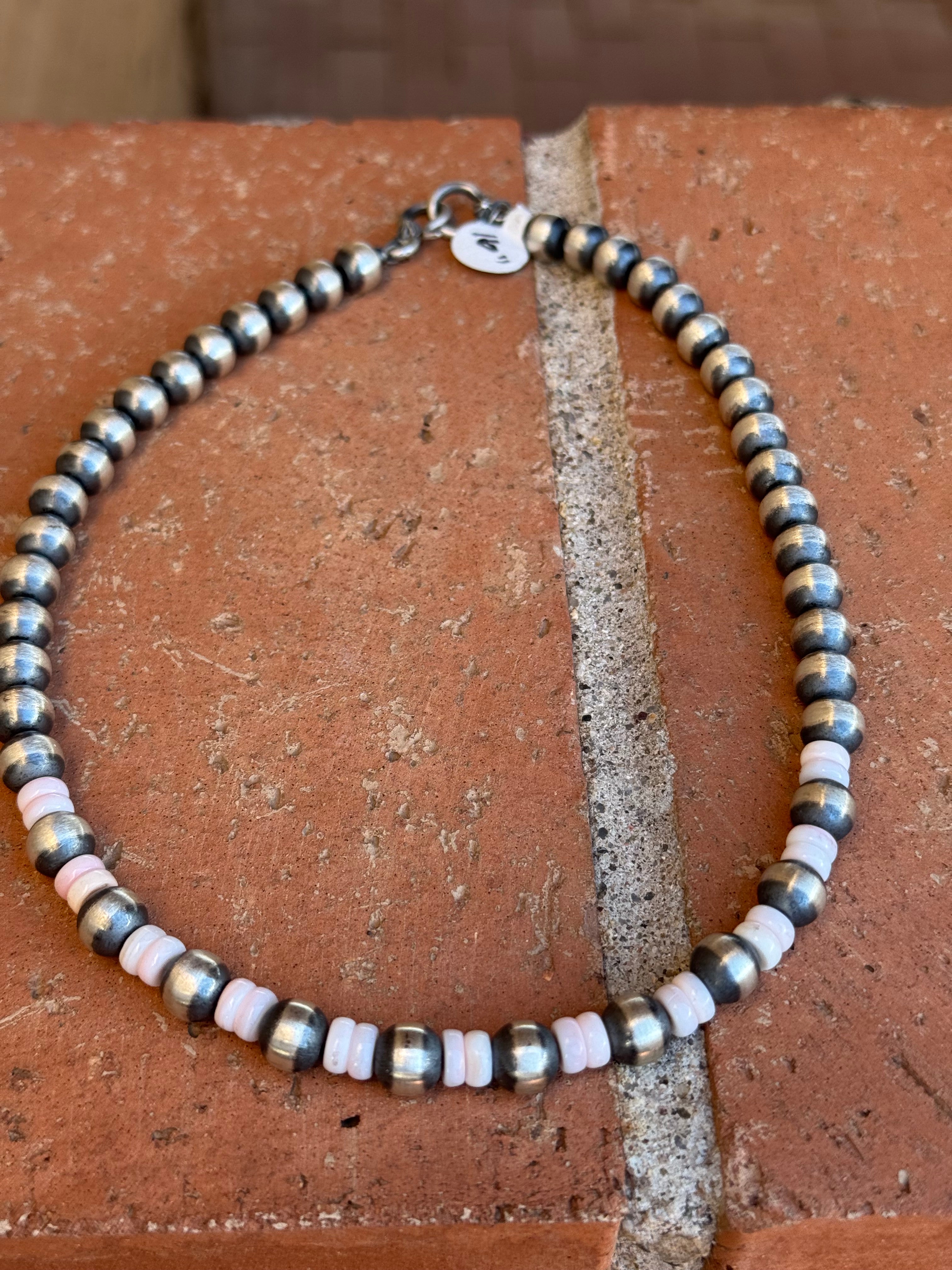 Handcrafted  Sterling Silver Pearl & Queen Pink Conch Beaded Necklace 8mm