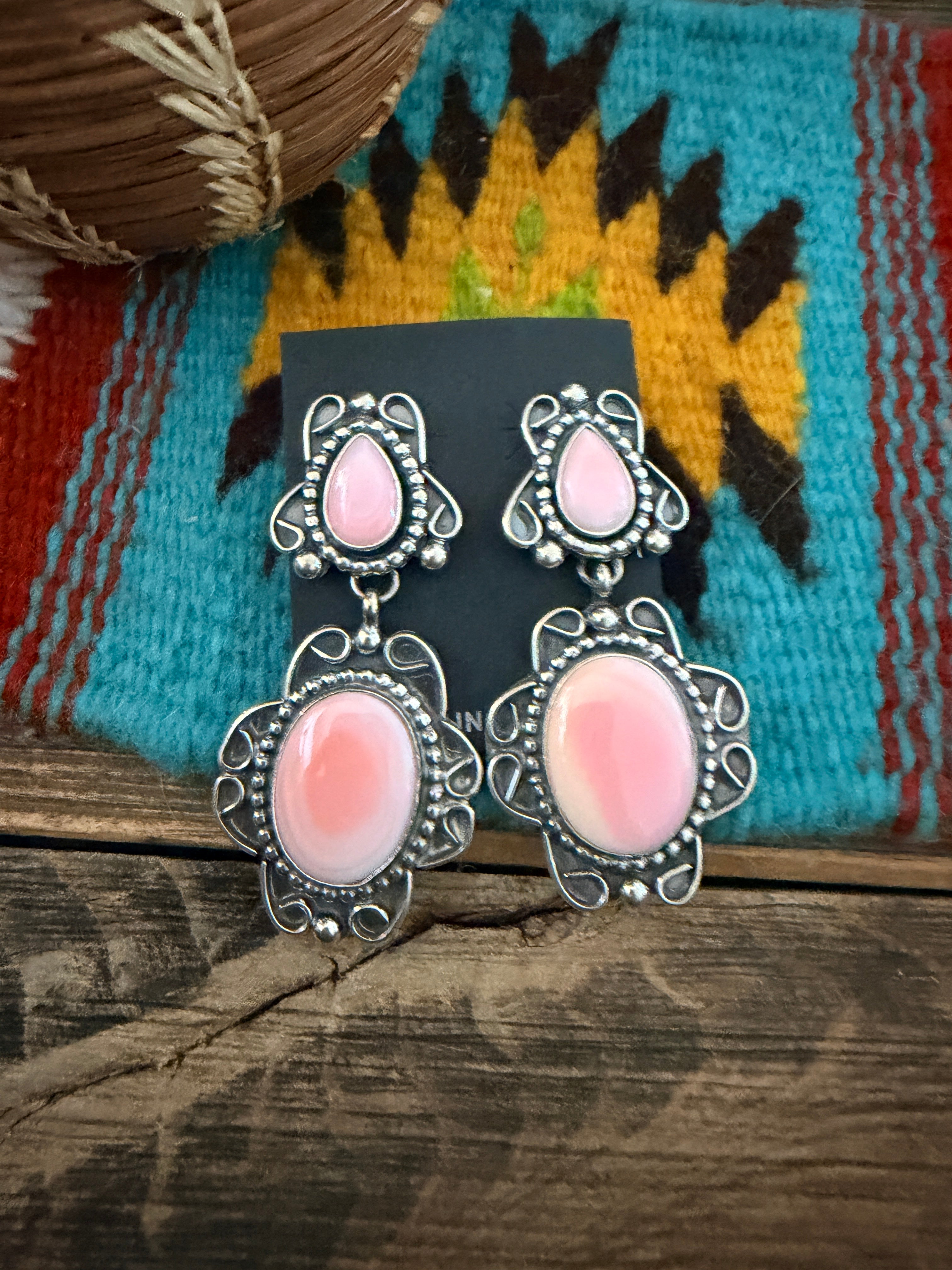 Handcrafted Queen Pink Conch & Sterling Silver Dangle Earrings