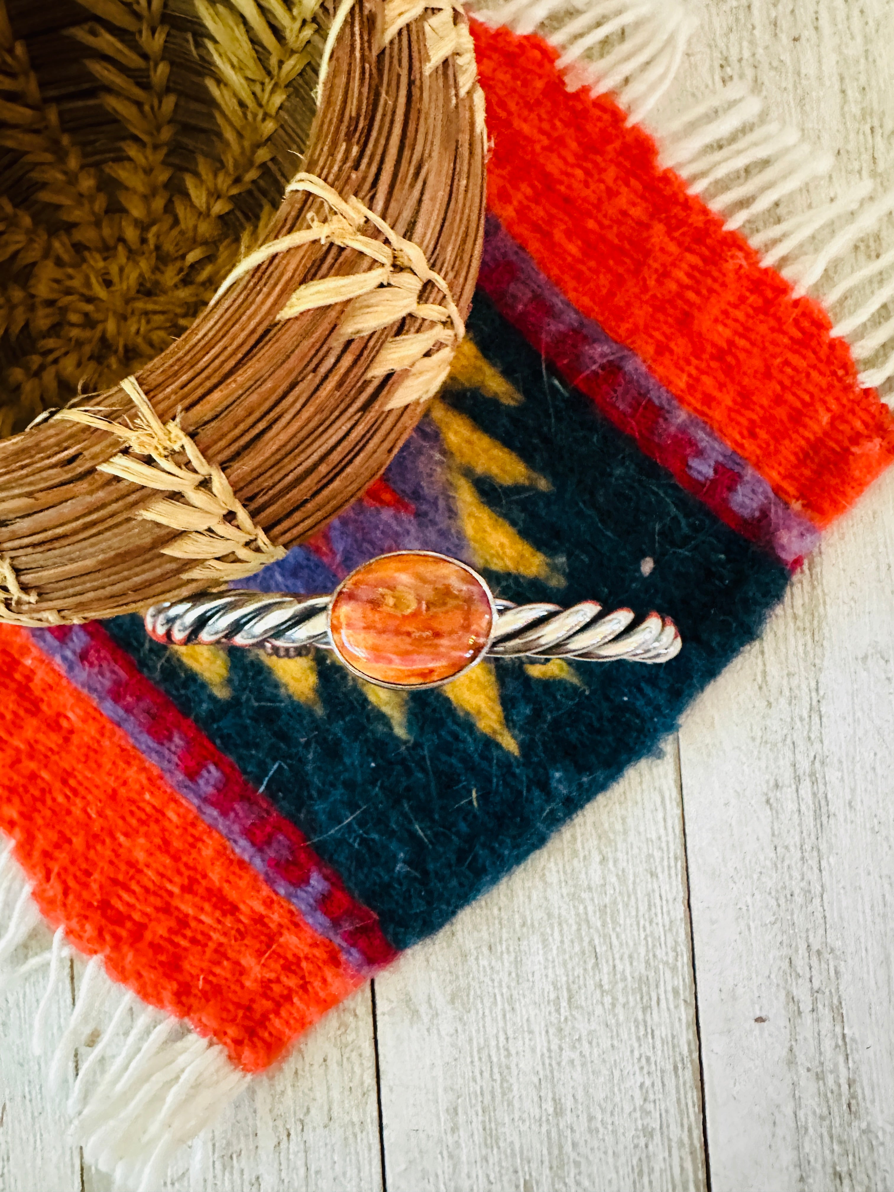 Navajo Twisted Sterling Silver & Orange Spiny Cuff Bracelet