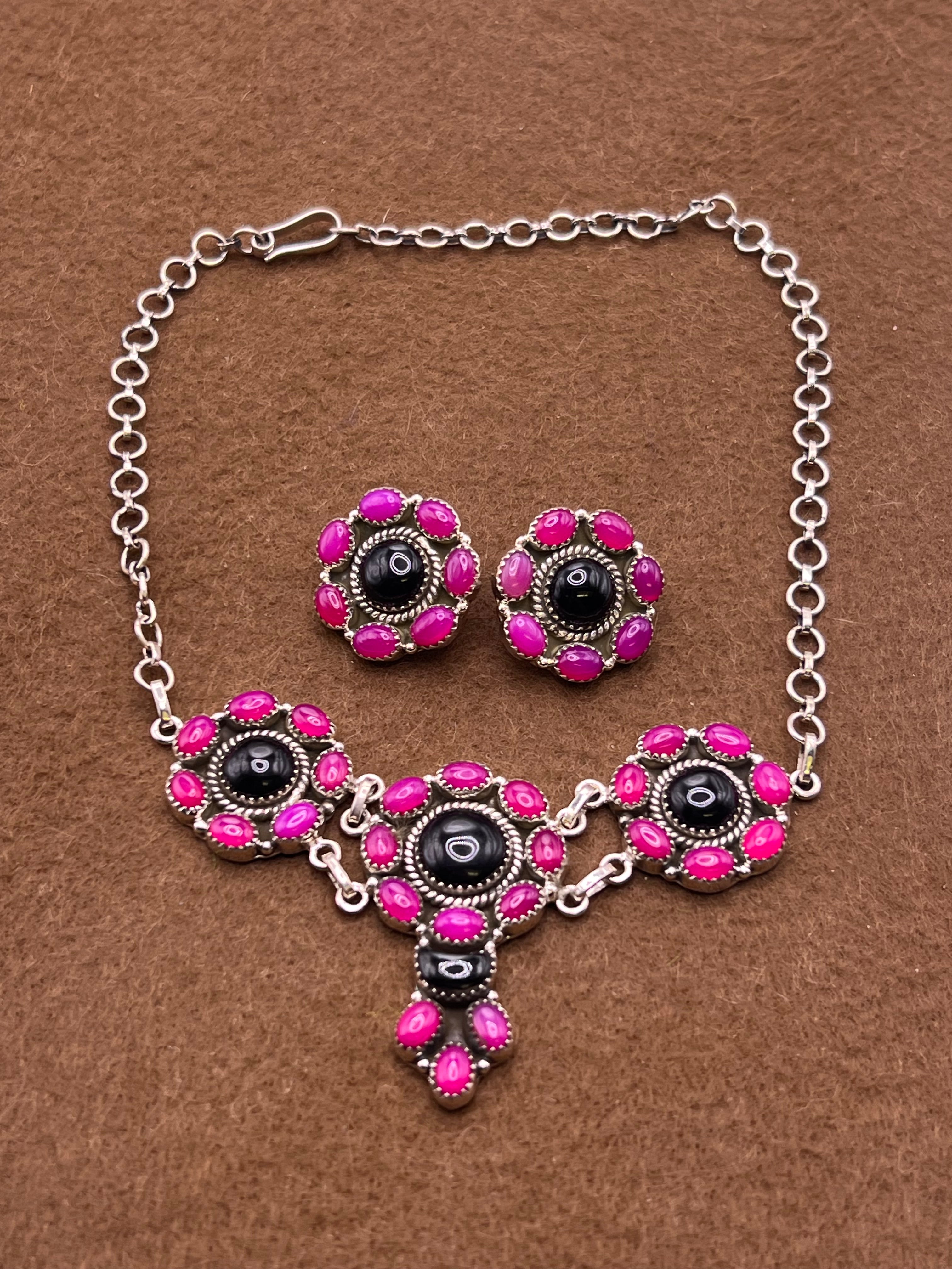 Handmade Pink & Black Onyx Sterling Silver Drop Necklace