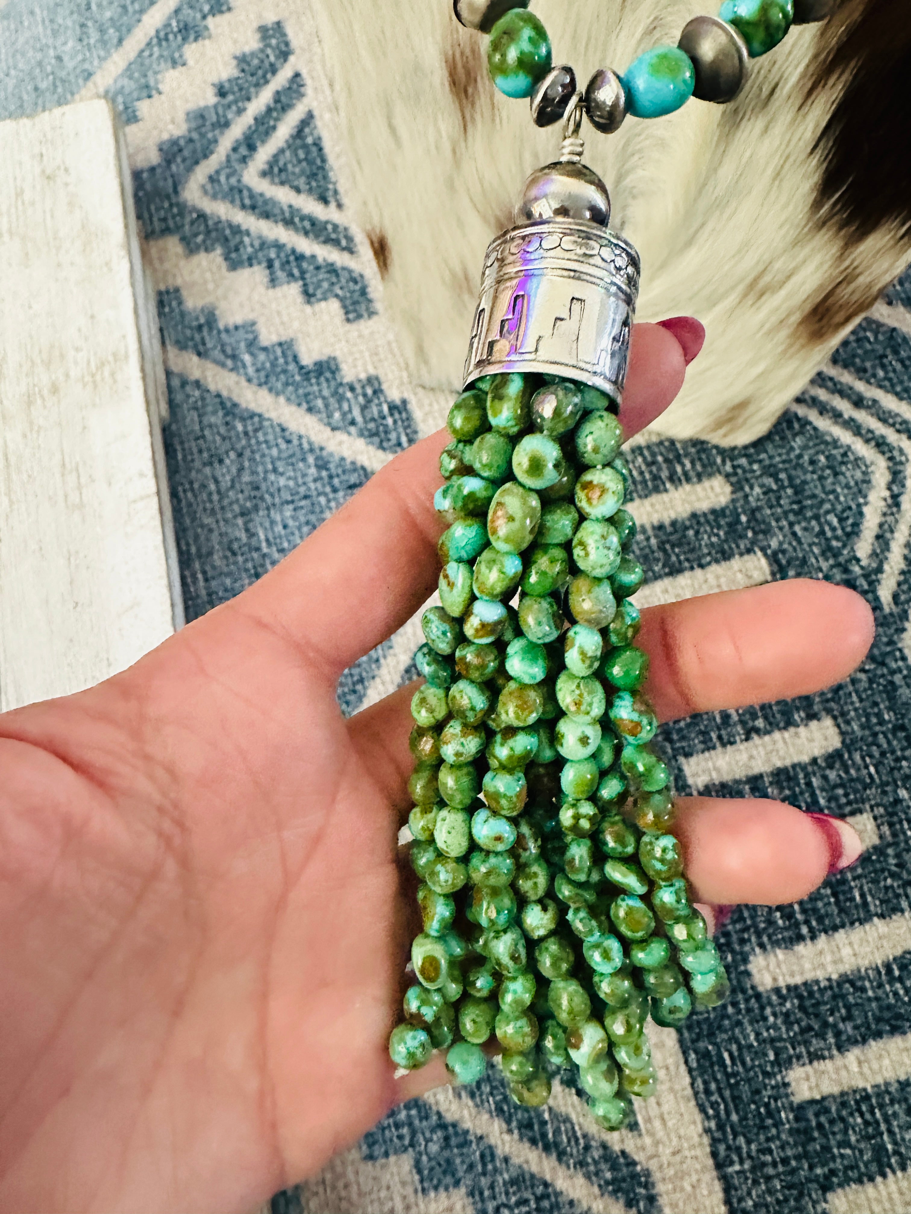 Handcrafted Sonoran Mountain Turquoise & Sterling Silver Beaded Tassel Necklace