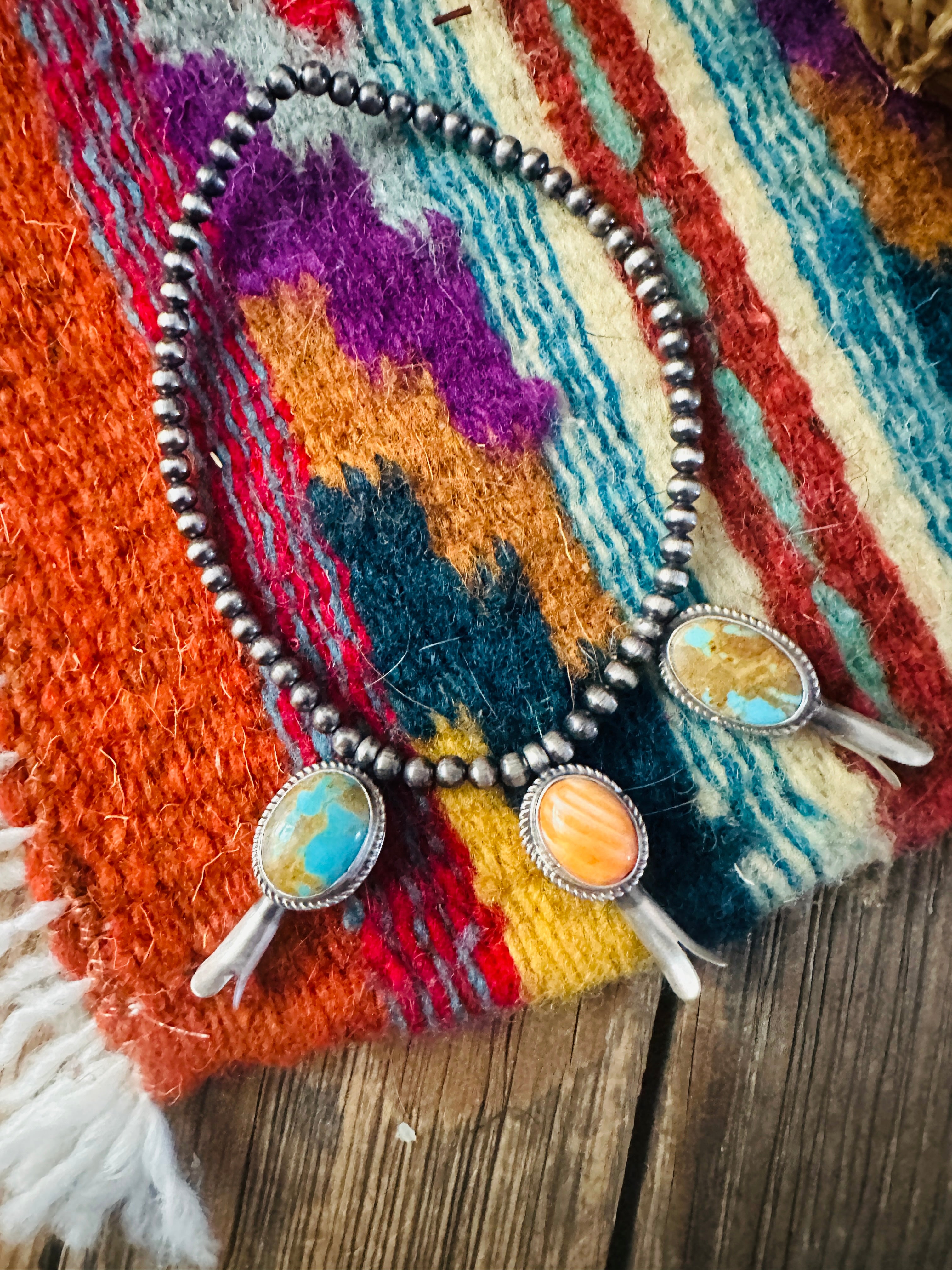 Handcrafted 3mm Sterling Silver Pearl, Turquoise & Spiny Oyster Blossom Stretch Bracelet