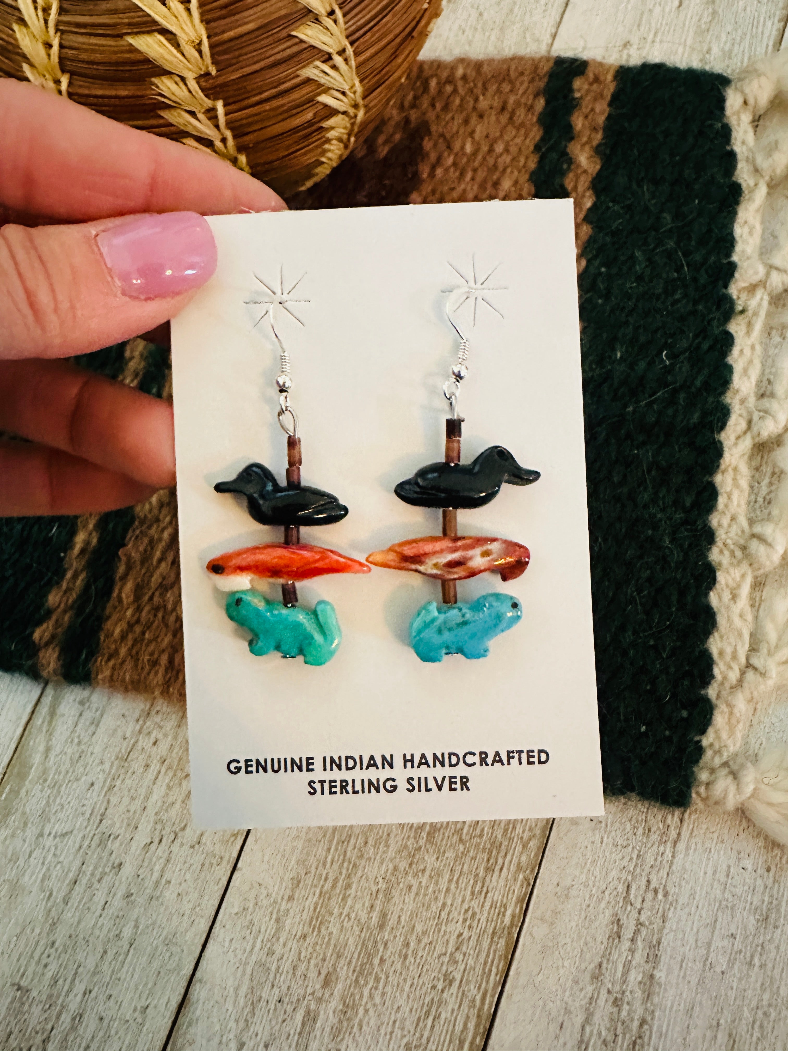 Zuni Multi Stone Beaded Fetish Dangle Earrings