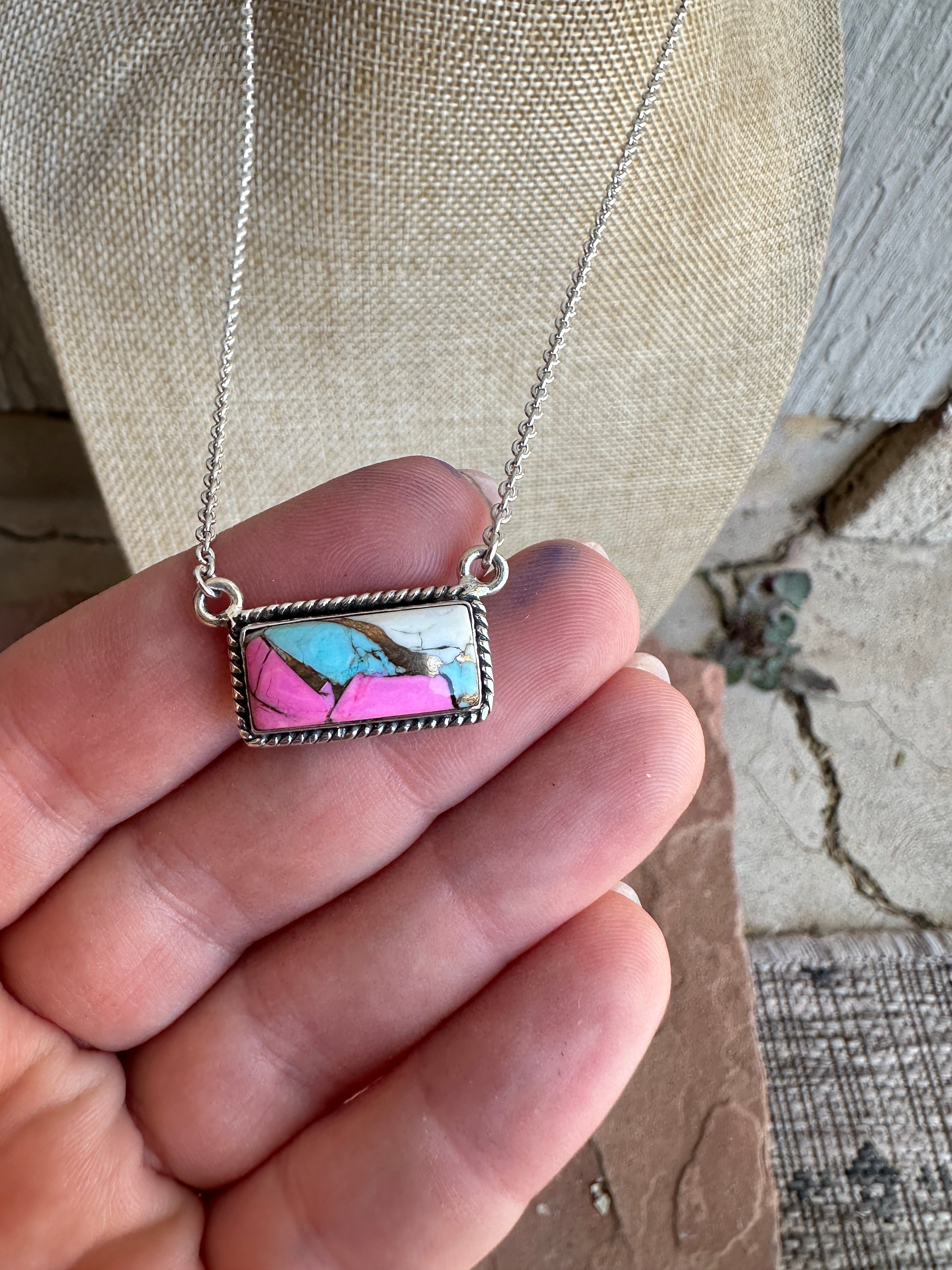 Handmade Cotton Candy Sterling Silver Bar Necklace