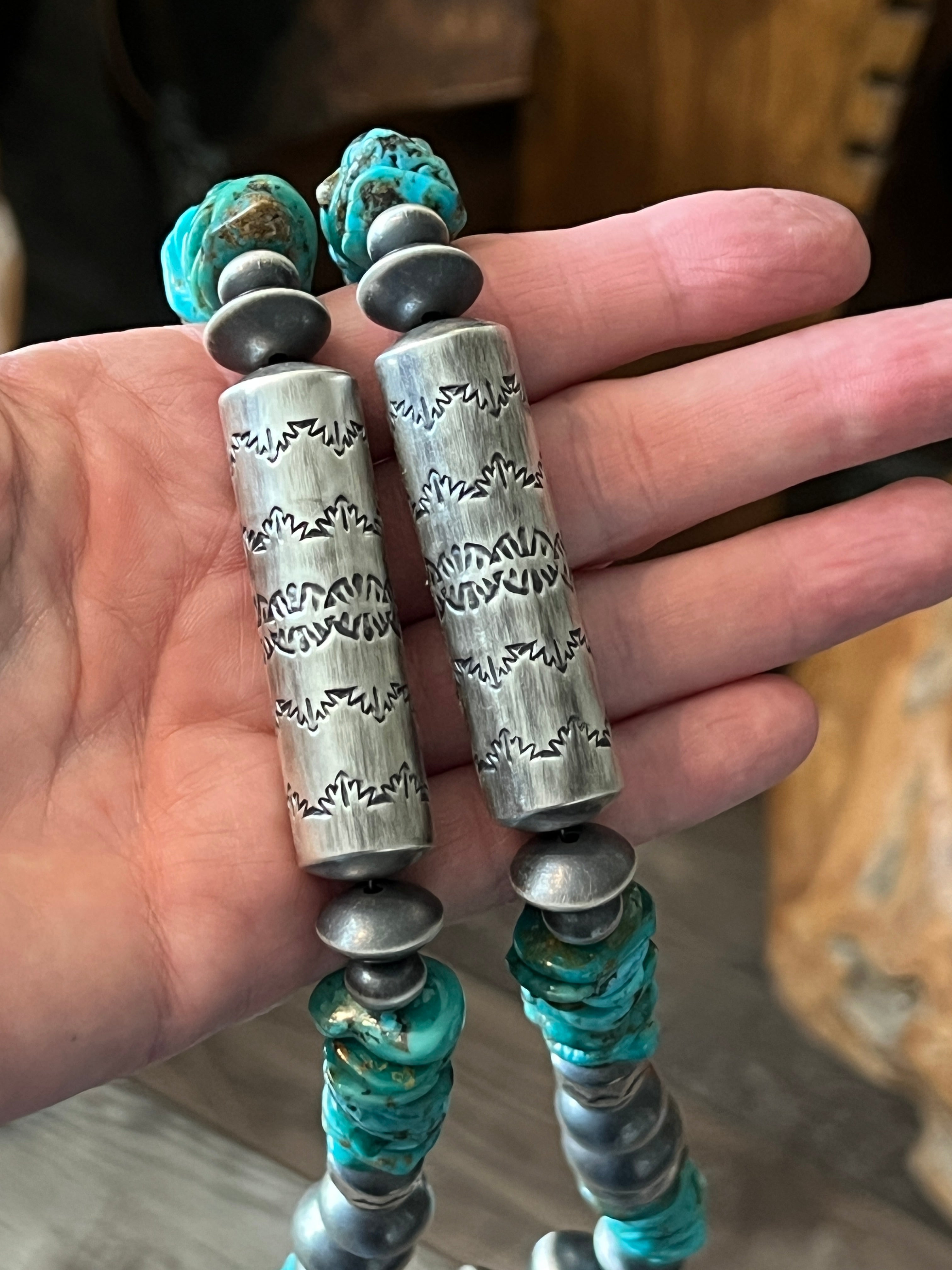 Handcrafted Sterling Silver and Kingman Turquoise Beaded Necklace by Rose Martin, 31 + 1-1/2 inches