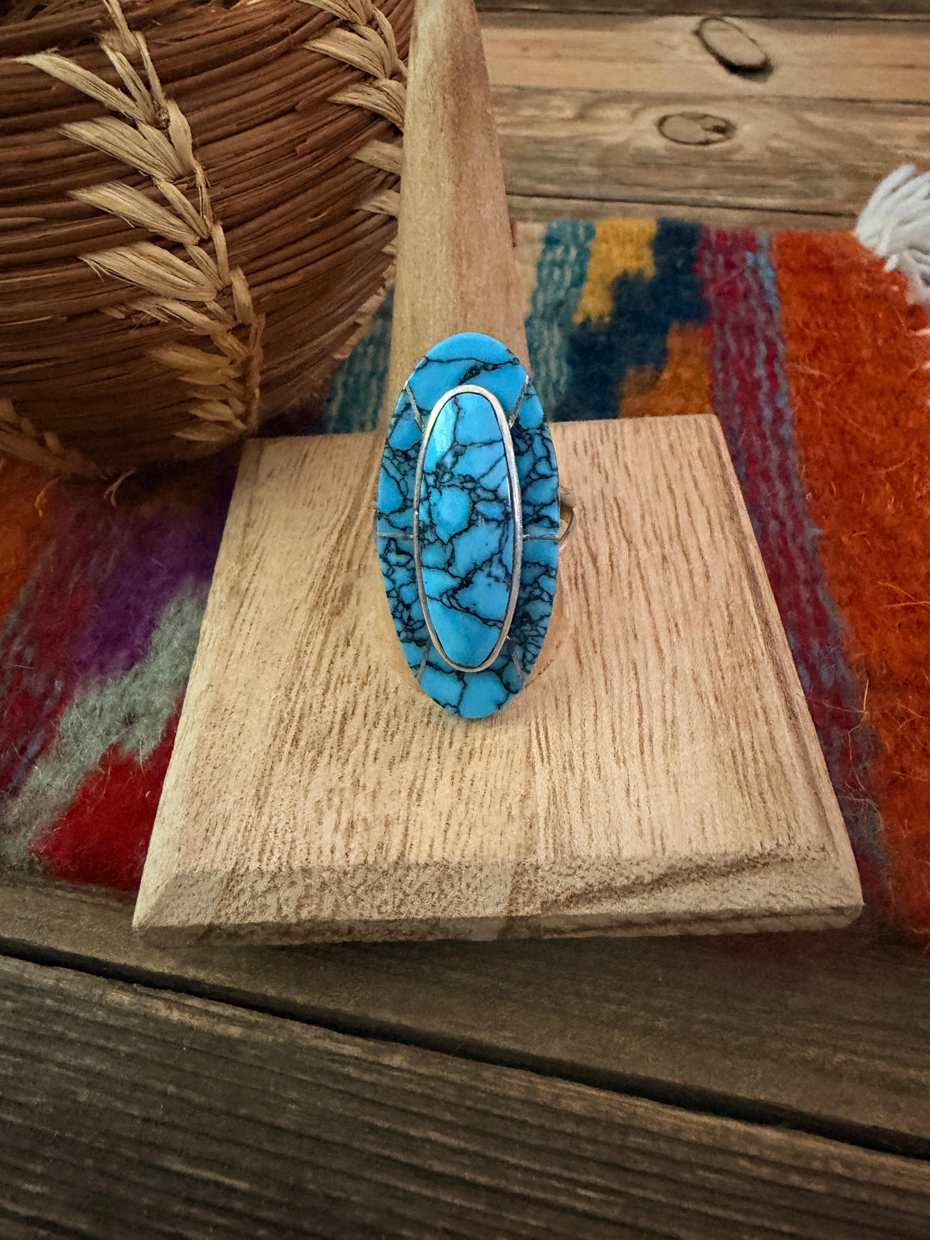 Old Pawn Handcrafted Turquoise & Sterling Silver Inlay Ring Size 11.5