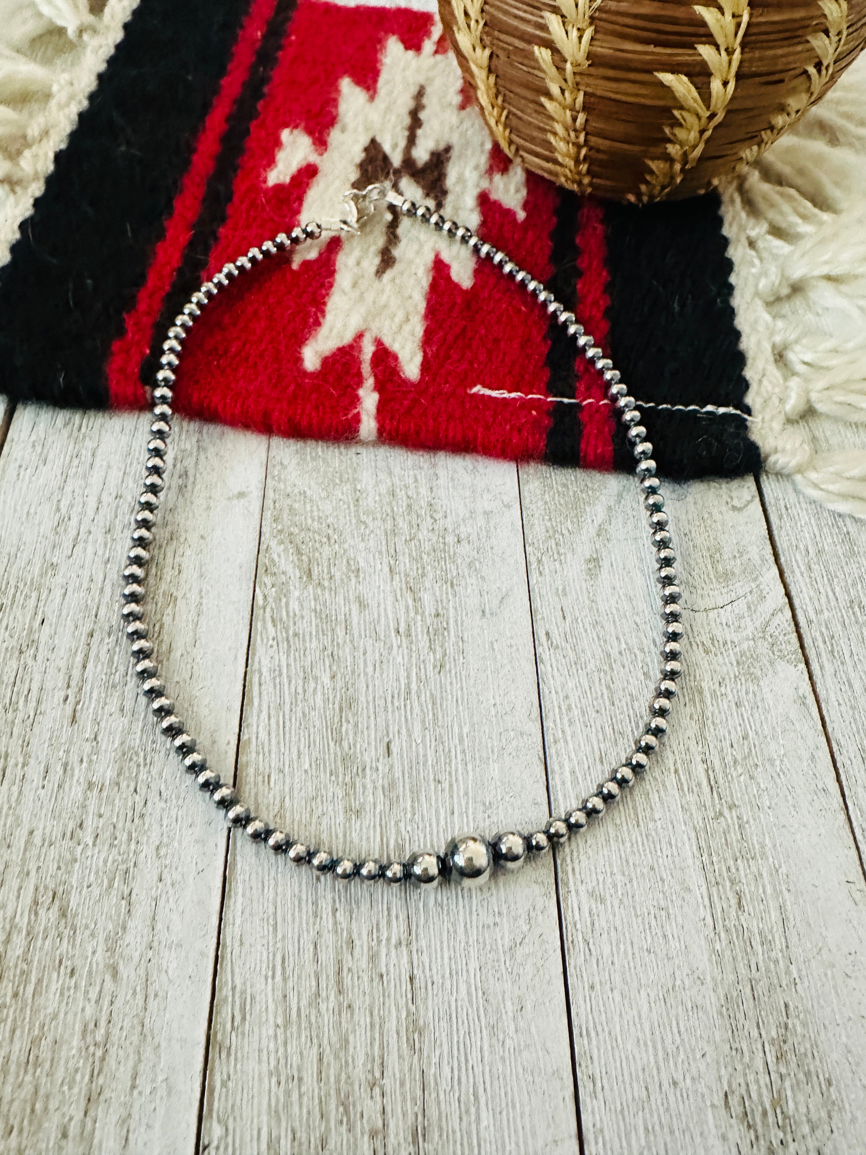 Navajo Sterling Silver Pearl 14” Beaded Necklace