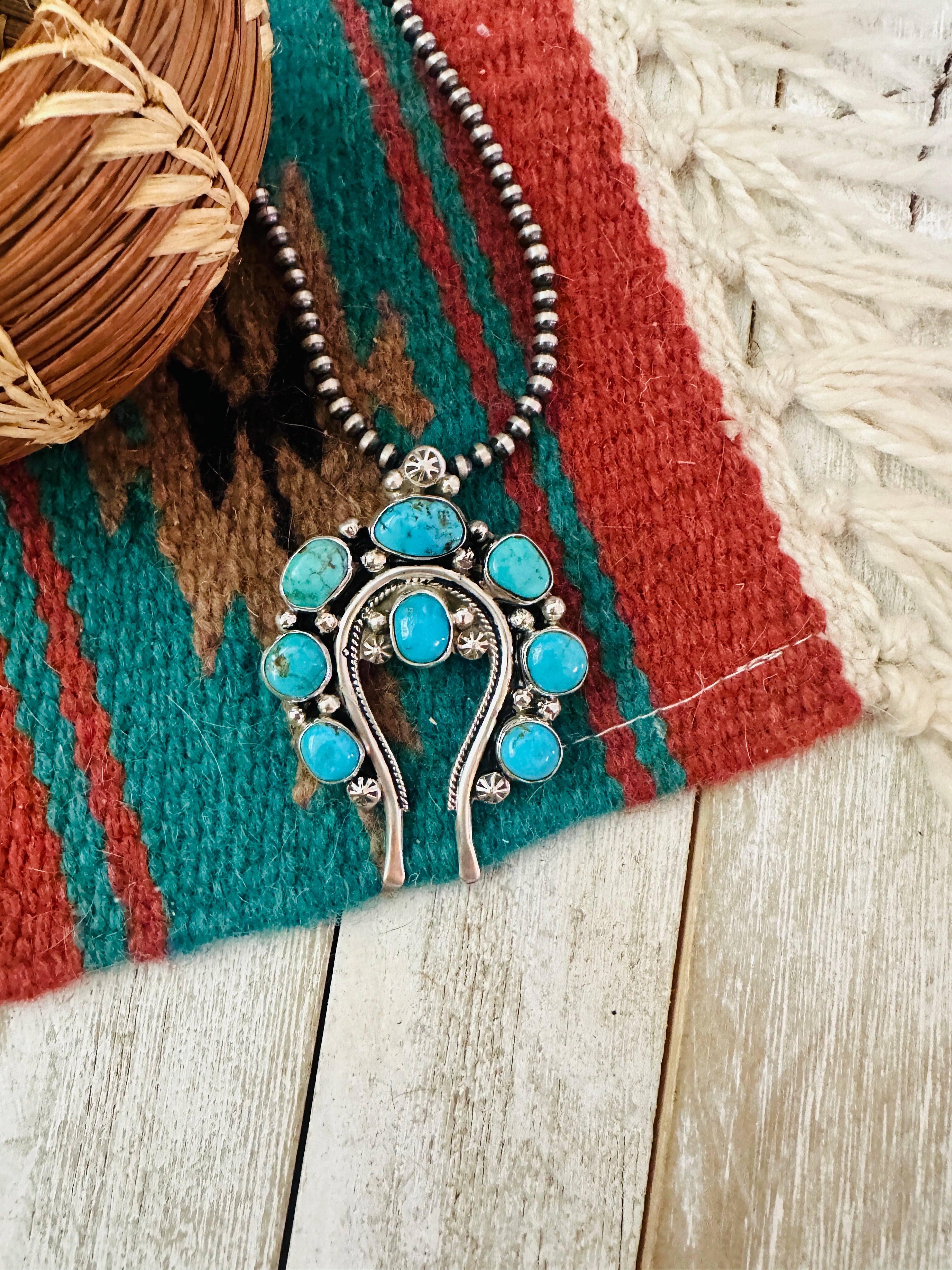 Navajo Sterling Silver & Kingman Turquoise Naja Pendant