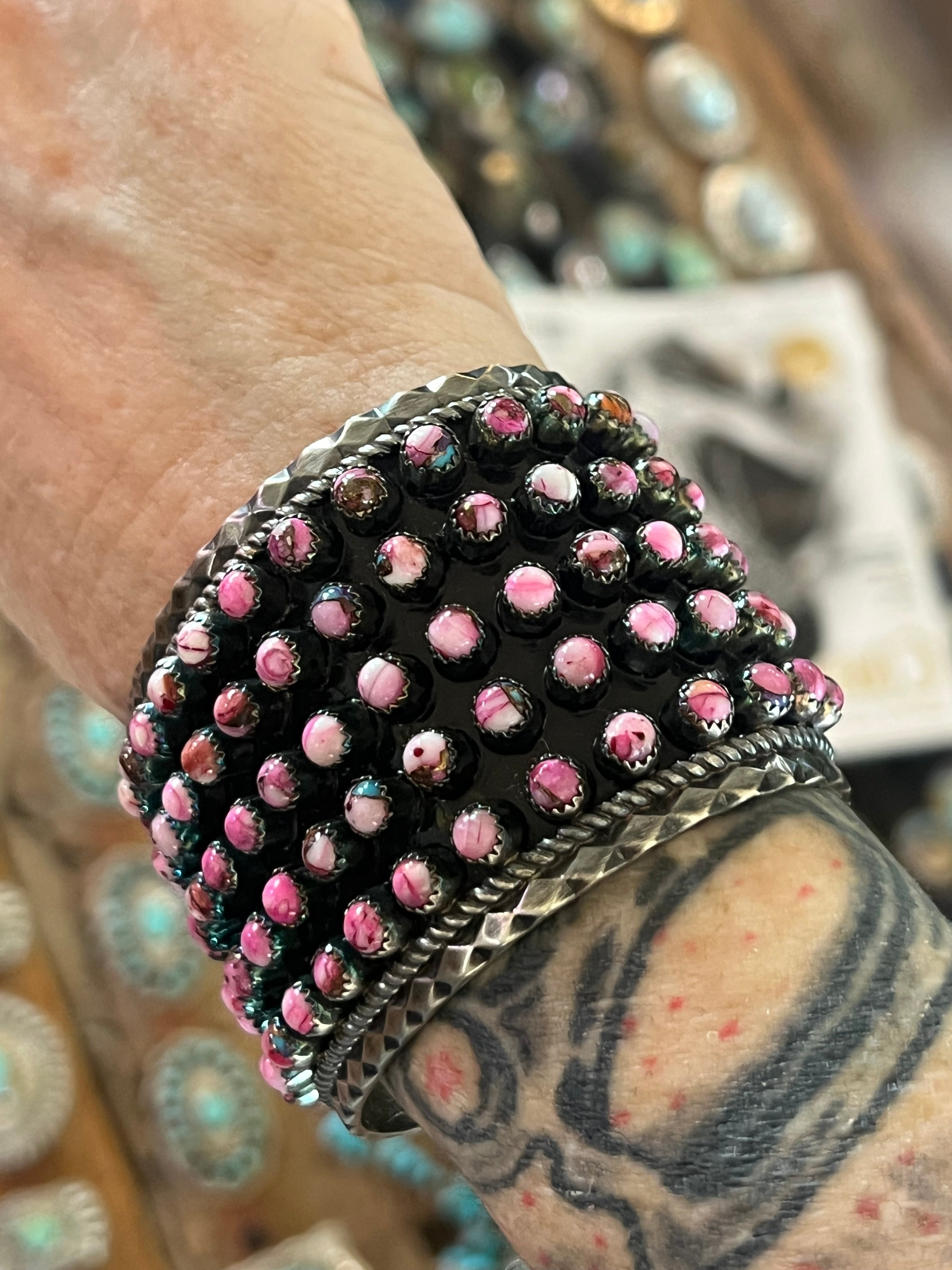 Handcrafted Sterling Silver and Pink Dream Mohave Snake Eye Style Five Row Cuff Bracelet, Signed BJ /