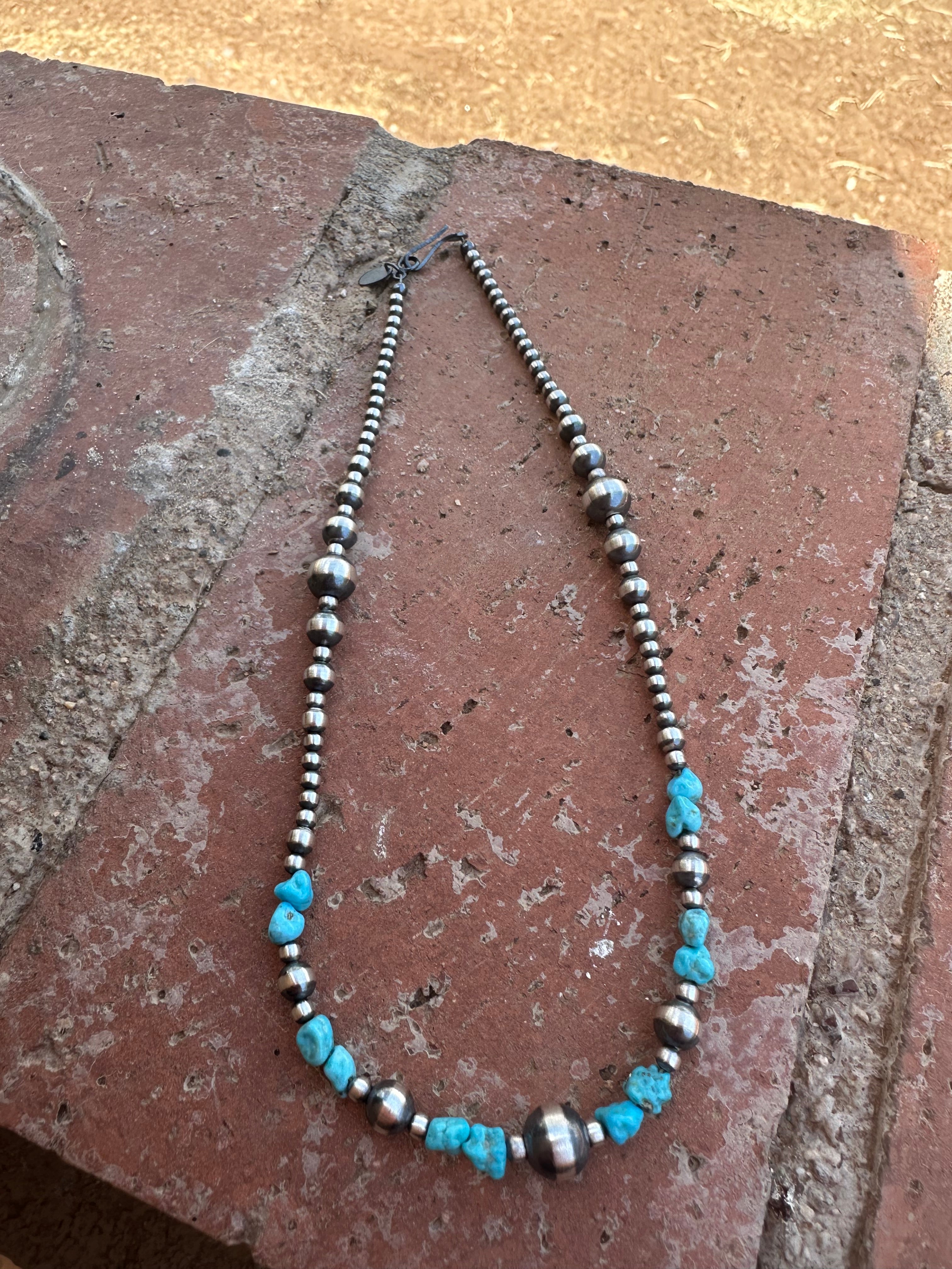 Handcrafted Kingman Dance Turquoise & Sterling Silver 3mm-8mm Beaded Necklace