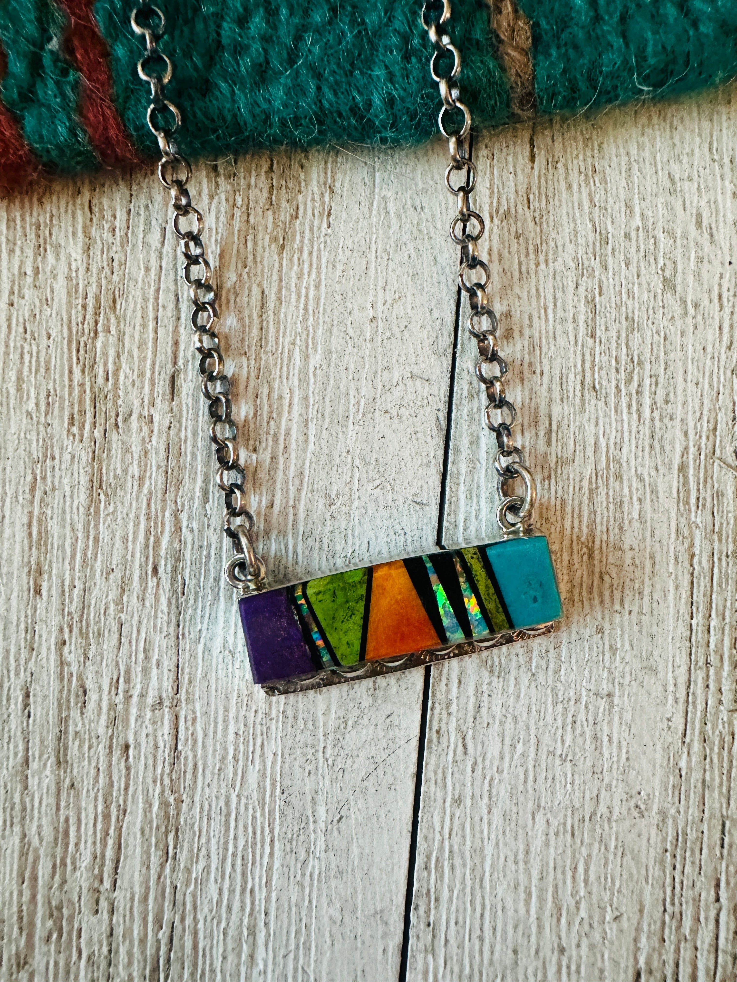 Navajo Multi Stone & Sterling Silver Inlay Bar Necklace