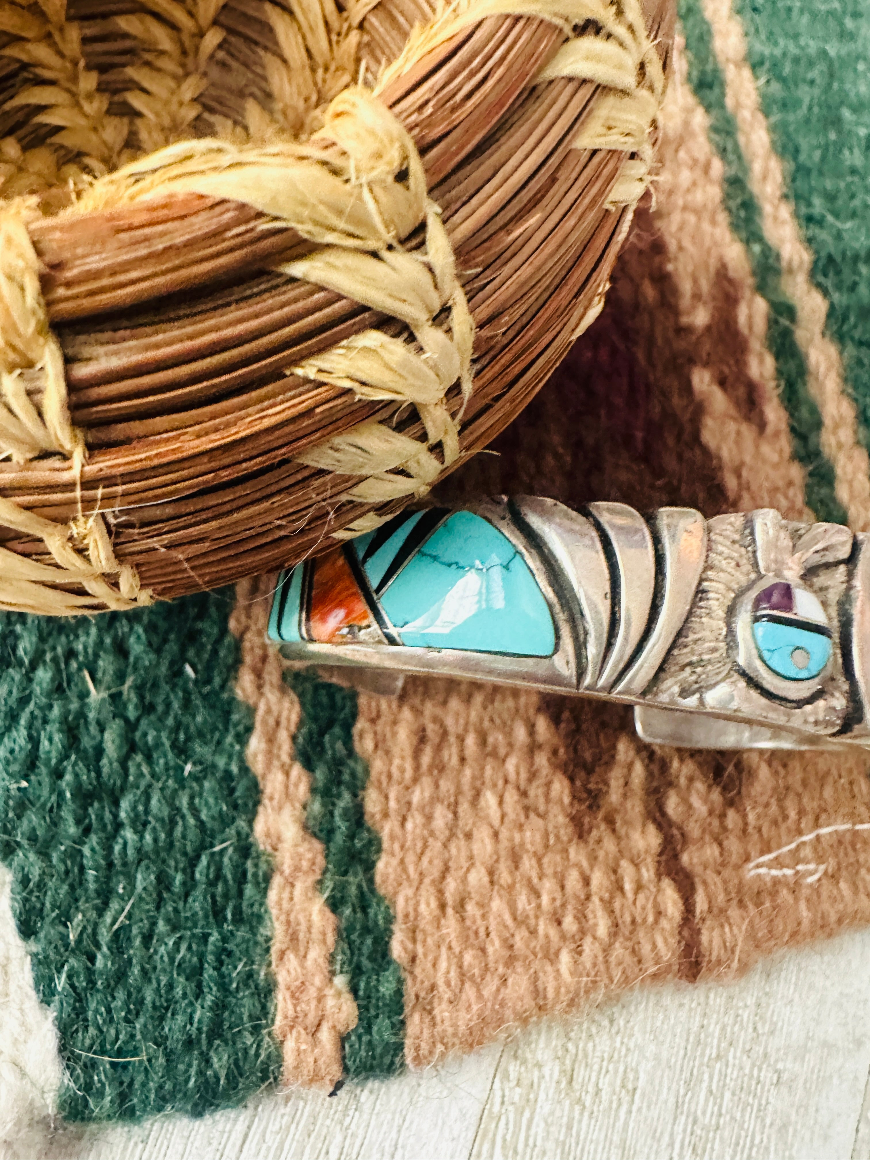 Handcrafted Old Pawn Multi Stone & Sterling Silver Inlay Cuff Bracelet