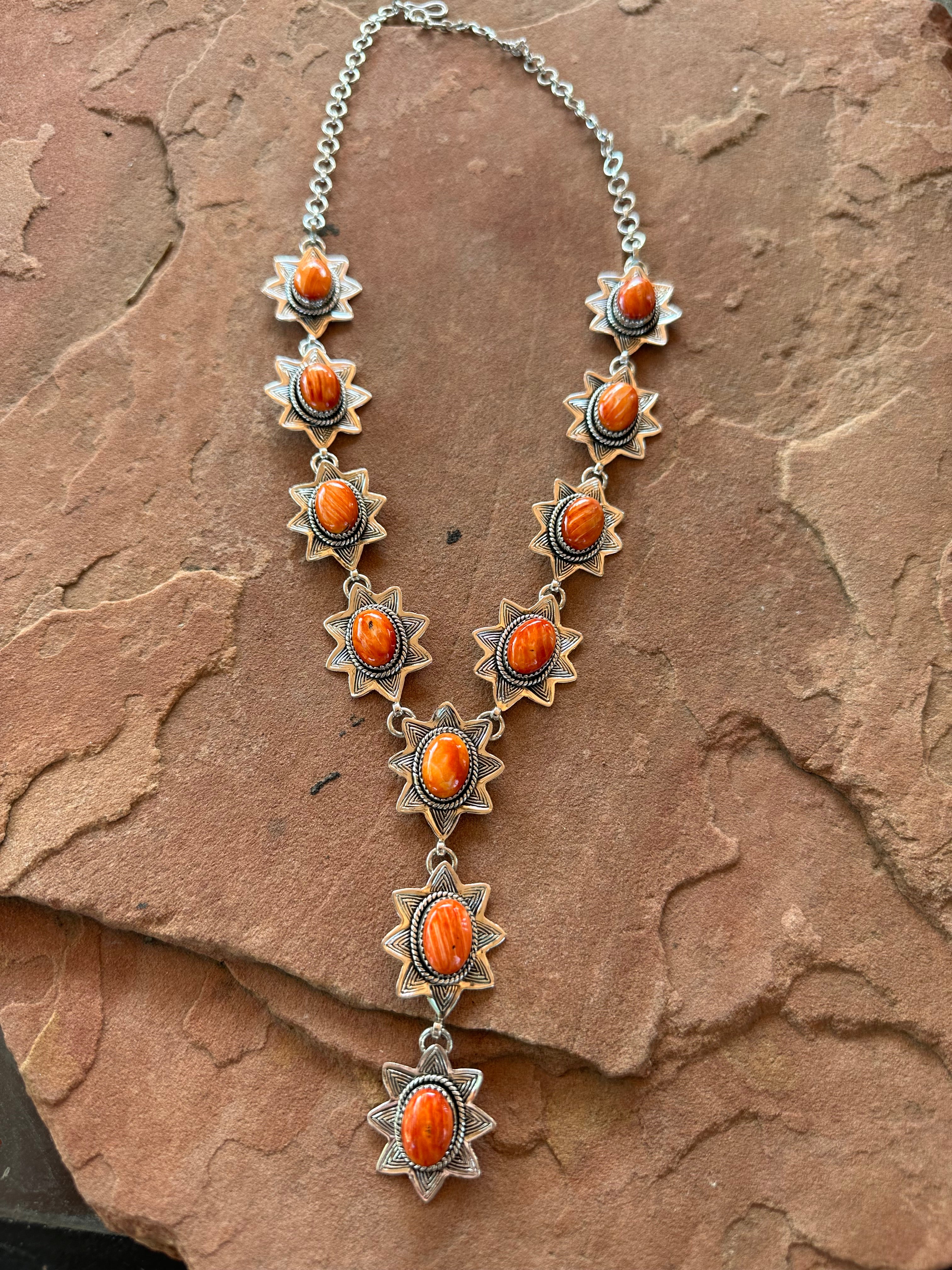 Beautiful Handmade Sterling Silver & Orange Spiny Lariat Necklace