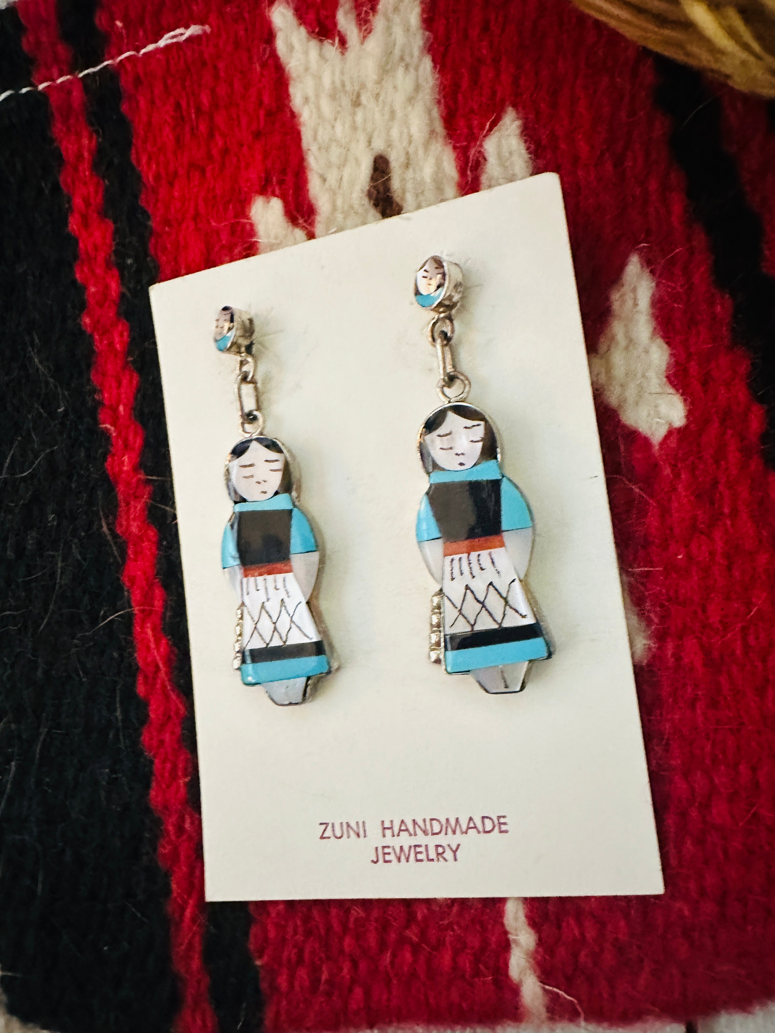 Zuni Multi Stone & Sterling Silver Inlay Maiden Girl Dangle Earrings