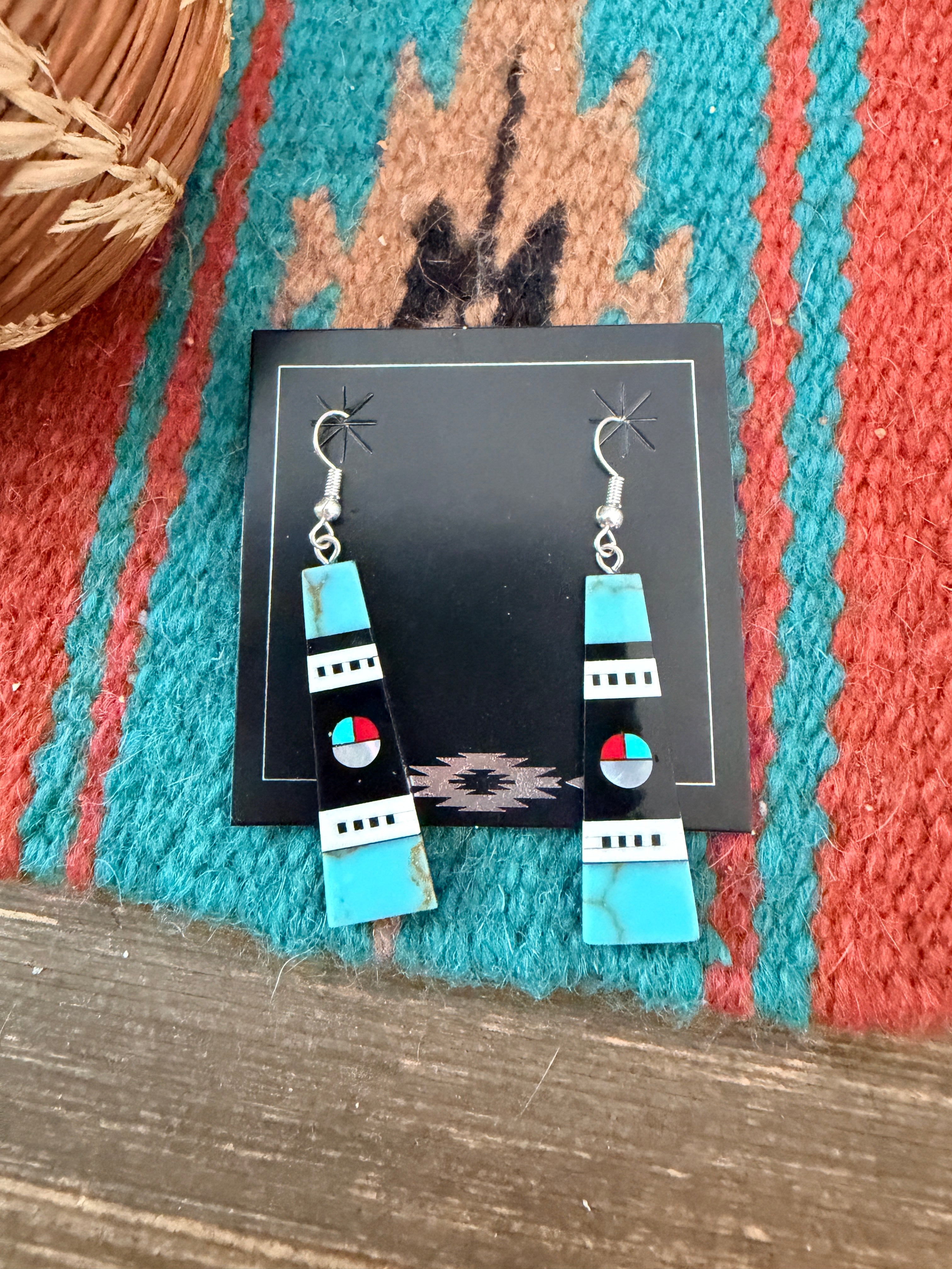 Old Pawn Handcrafted Sterling Silver & Multi Stone Inlay Sun Face Dangle Earrings