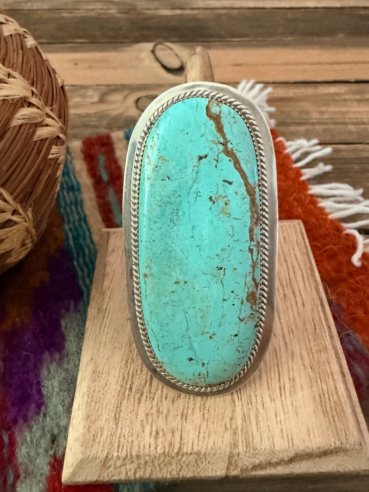 Old Pawn Handcrafted Turquoise & Sterling Silver Ring Size 9.5 by Earl Lee