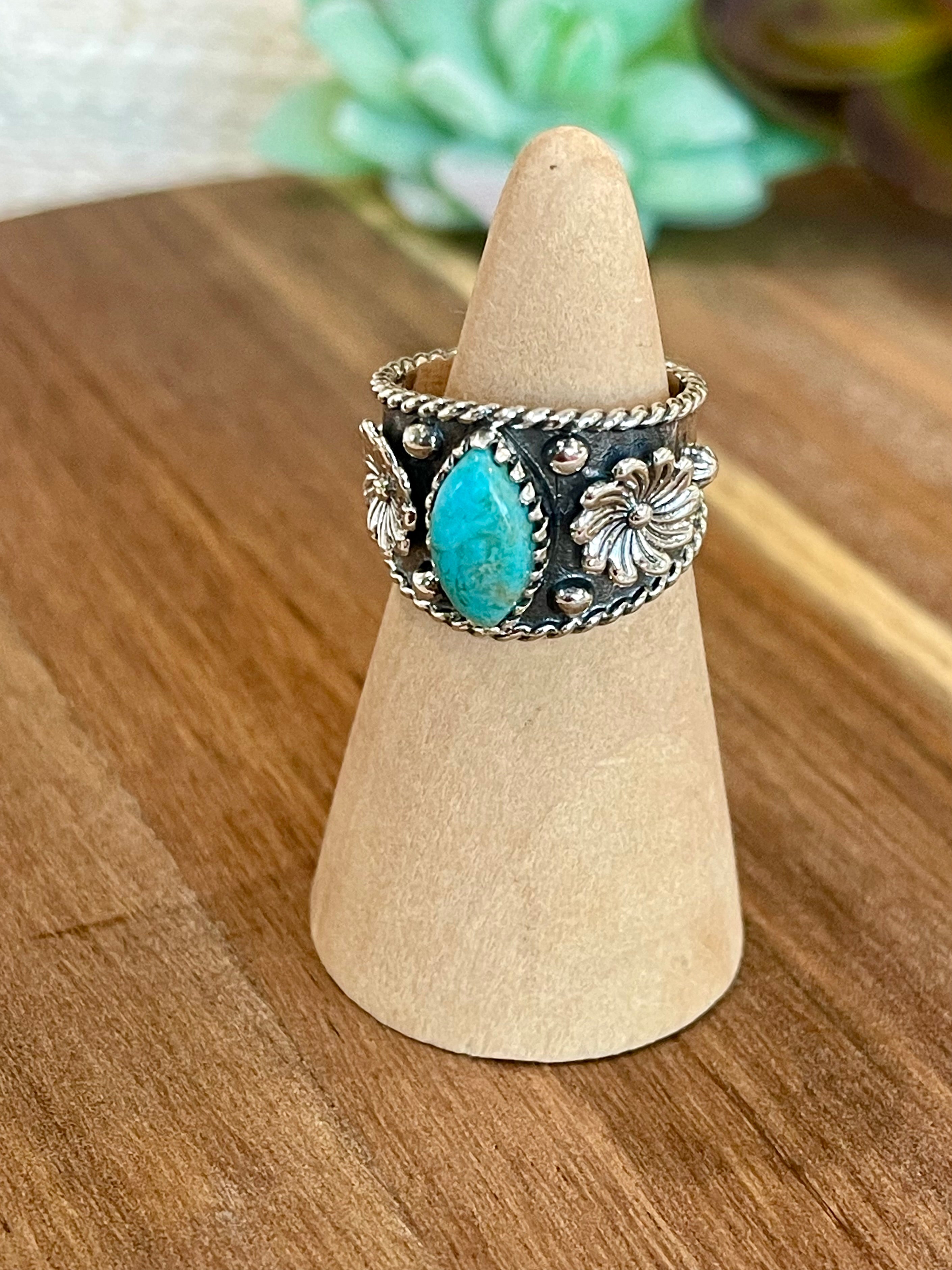 Beautiful Handmade Turquoise And Sterling Silver Adjustable  Ring