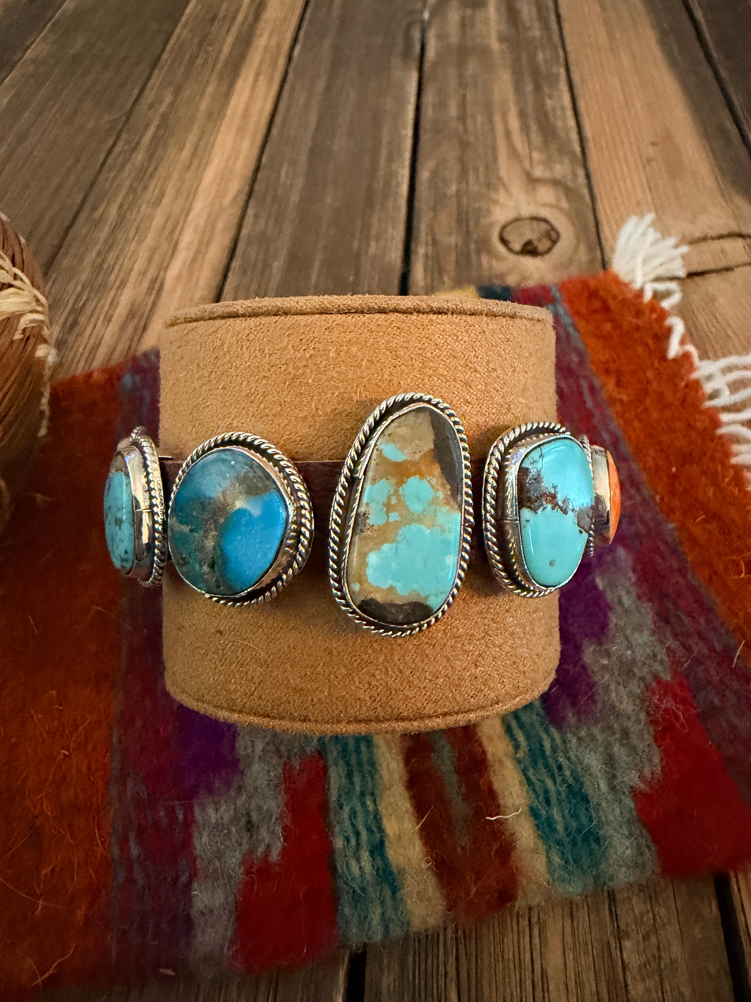 Handcrafted Multi Turquoise, Spiny & Sterling Silver Leather Bracelet